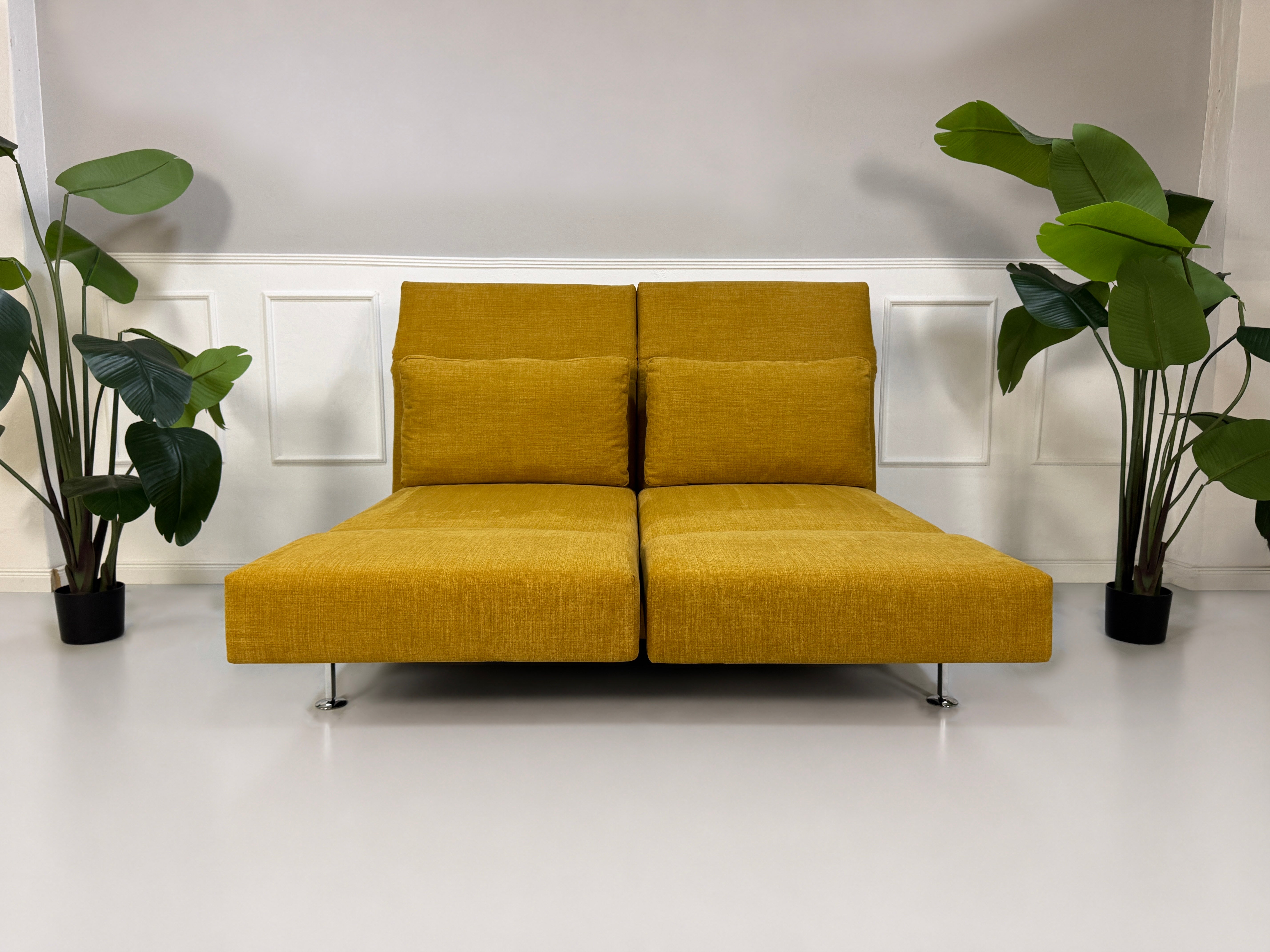 Gebrauchtes gelbes Brühl Moule Designer Stoff Sofa vor einer Wand, stilvoll und modern eingerichtet.