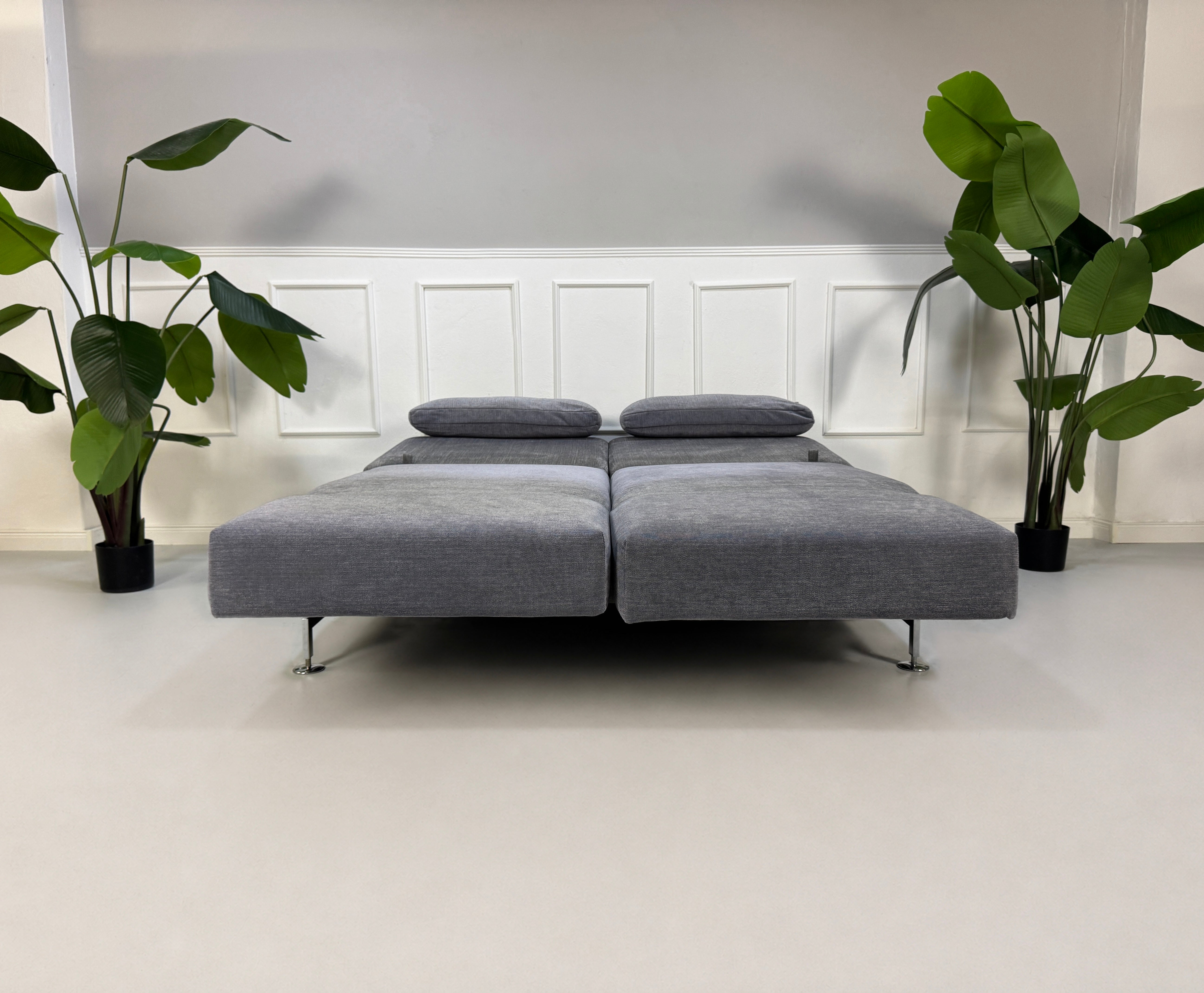 Gebrauchtes graues Brühl Moule Designer Stoff Sofa vor einer Wand, stilvoll und modern eingerichtet.