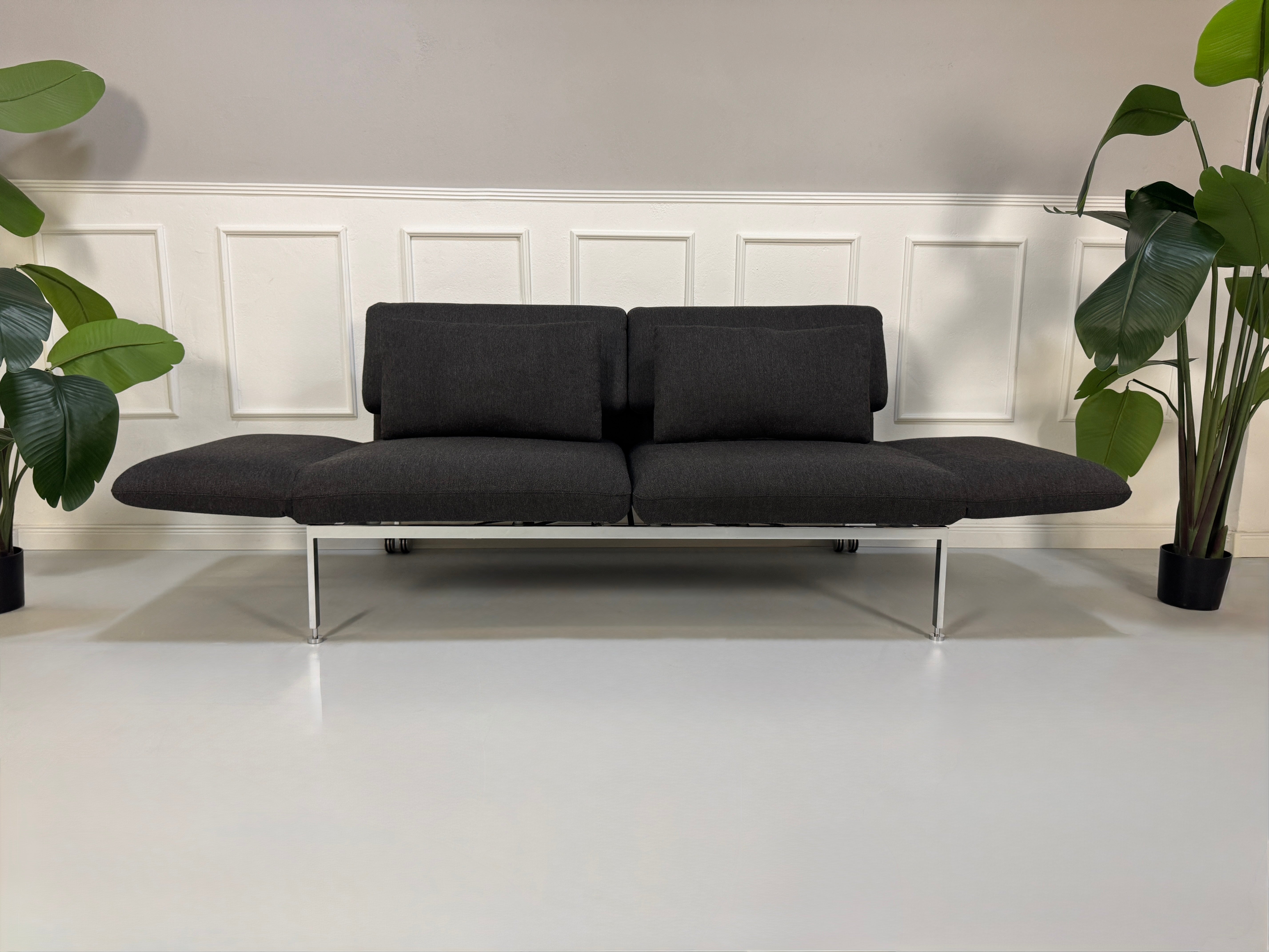 Gebrauchtes graues Brühl Roro Designer Stoff Sofa vor einer Wand, stilvoll und modern eingerichtet.