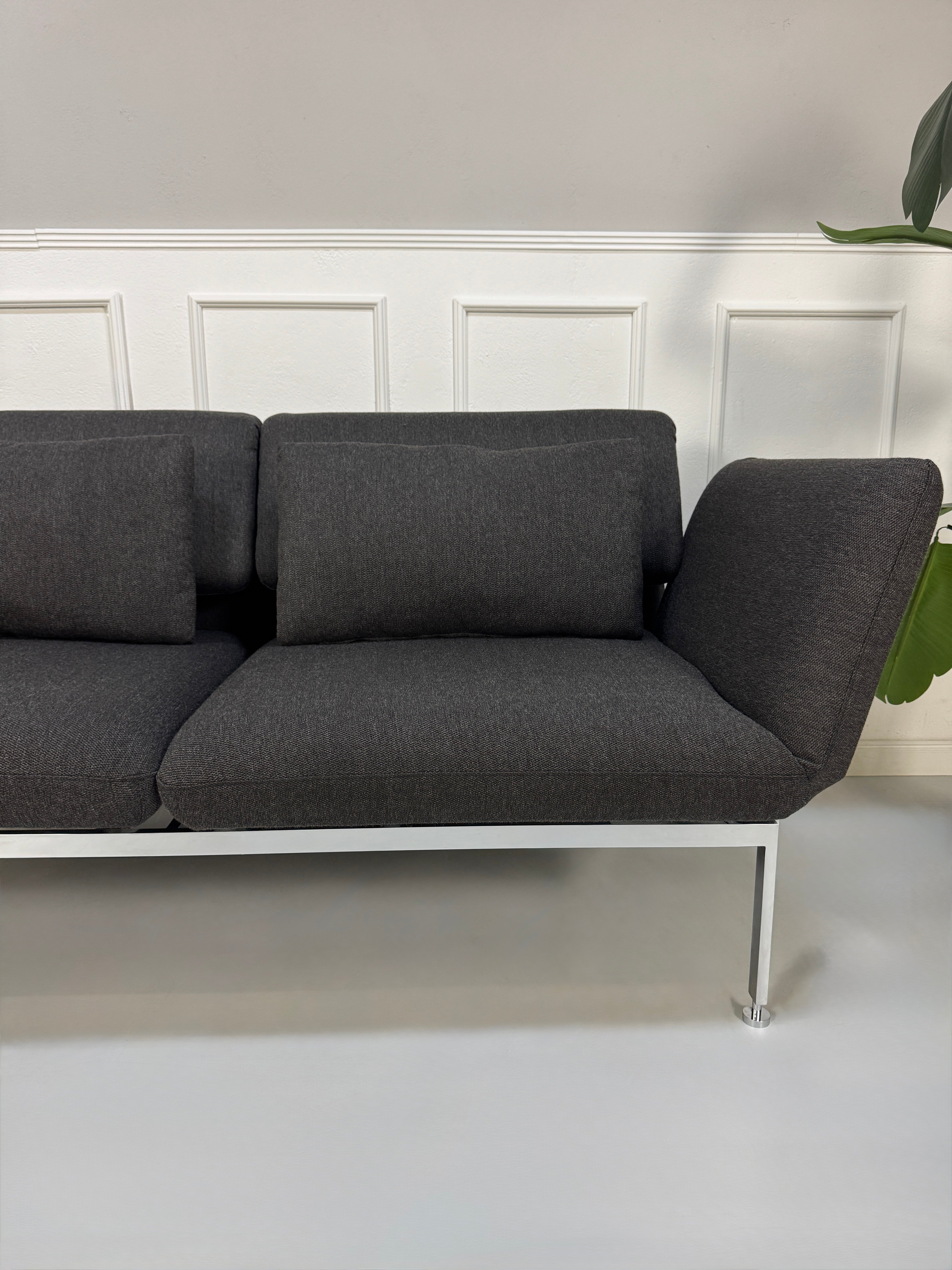 Gebrauchtes graues Brühl Roro Designer Stoff Sofa vor einer Wand, stilvoll und modern eingerichtet.