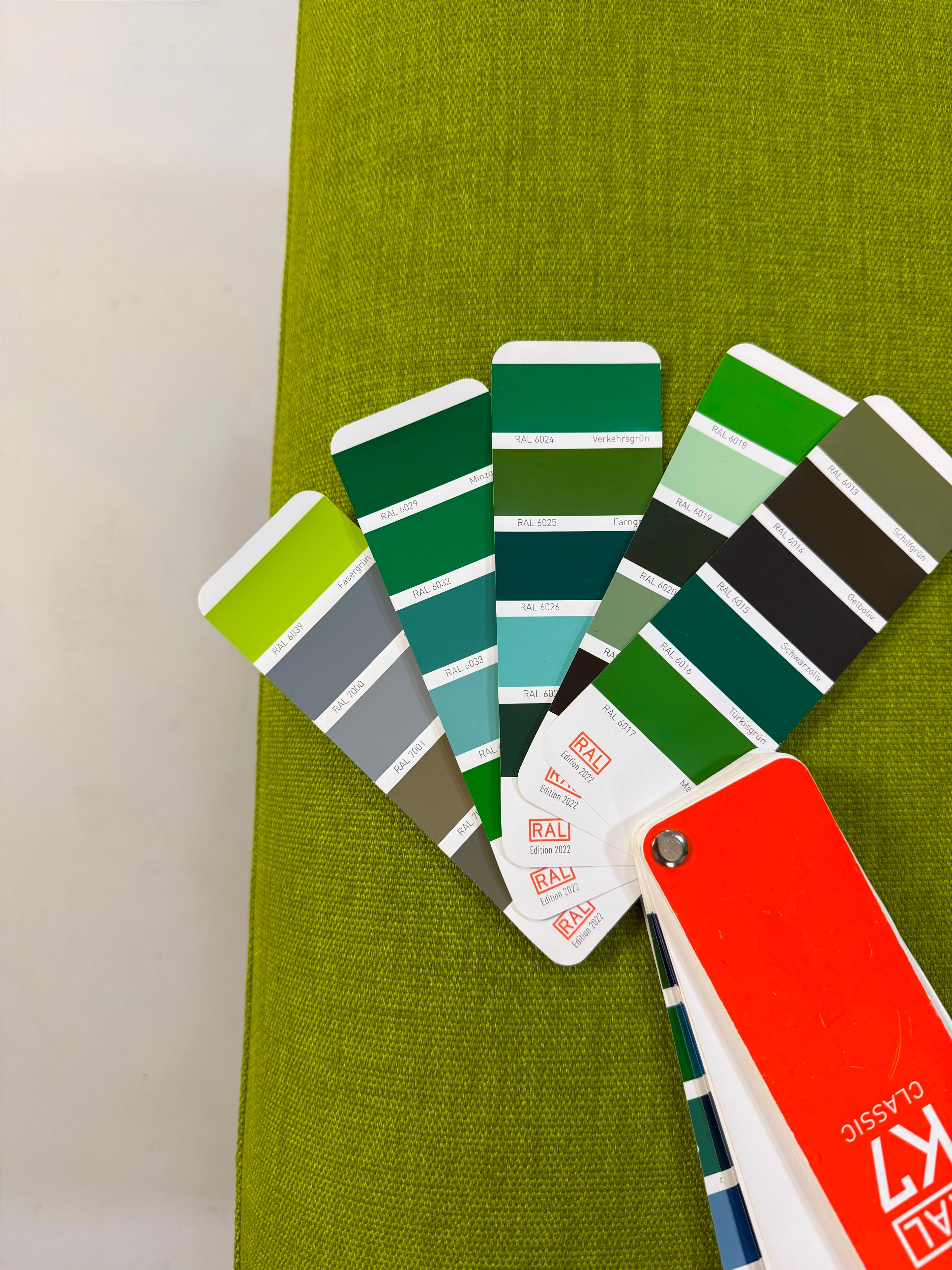 Gebrauchtes grünes Brühl Roro Designer Stoff Sofa vor einer Wand, stilvoll und modern eingerichtet.
