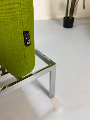 Gebrauchtes grünes Brühl Roro Designer Stoff Sofa vor einer Wand, stilvoll und modern eingerichtet.