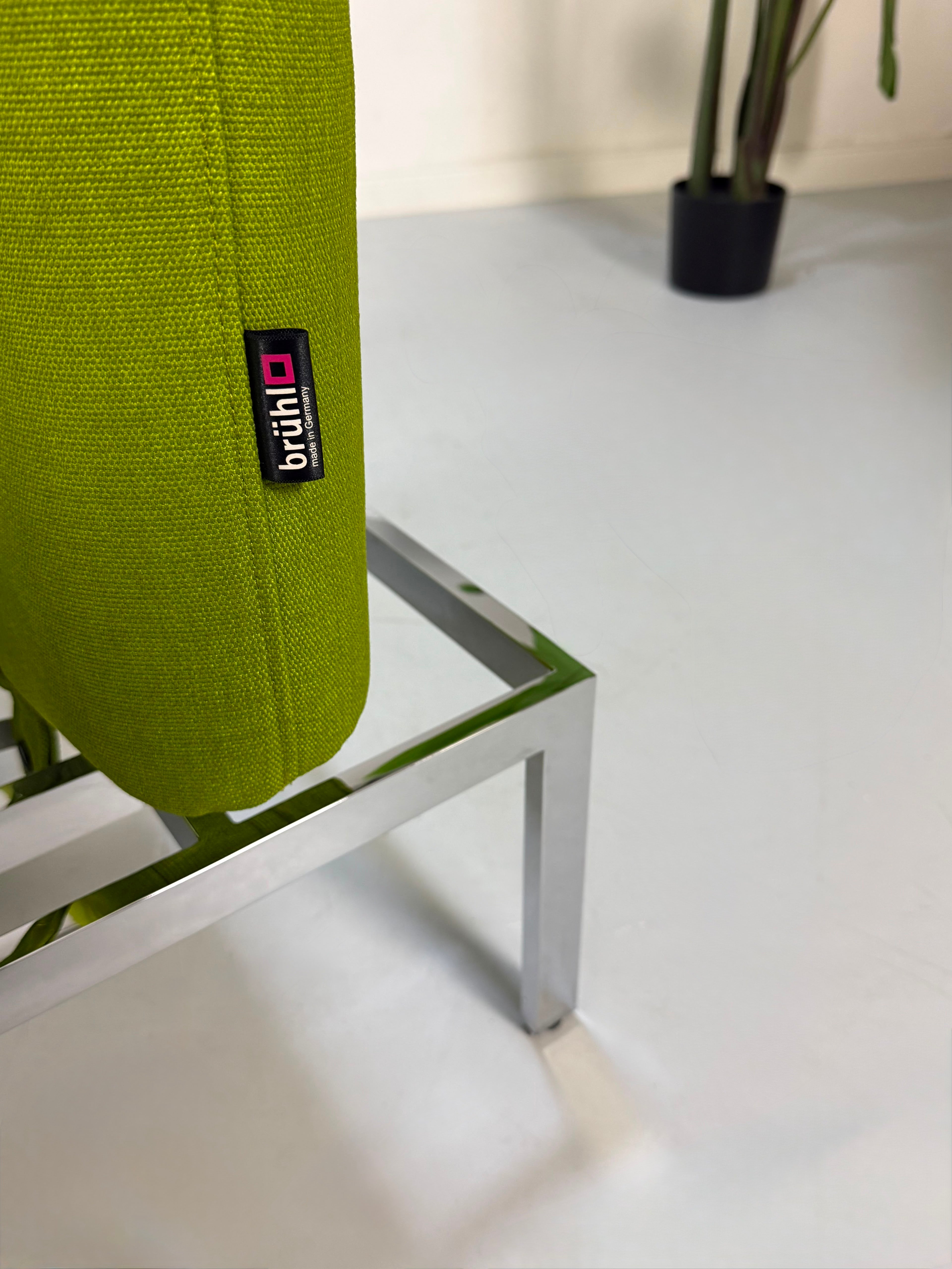 Gebrauchtes grünes Brühl Roro Designer Stoff Sofa vor einer Wand, stilvoll und modern eingerichtet.