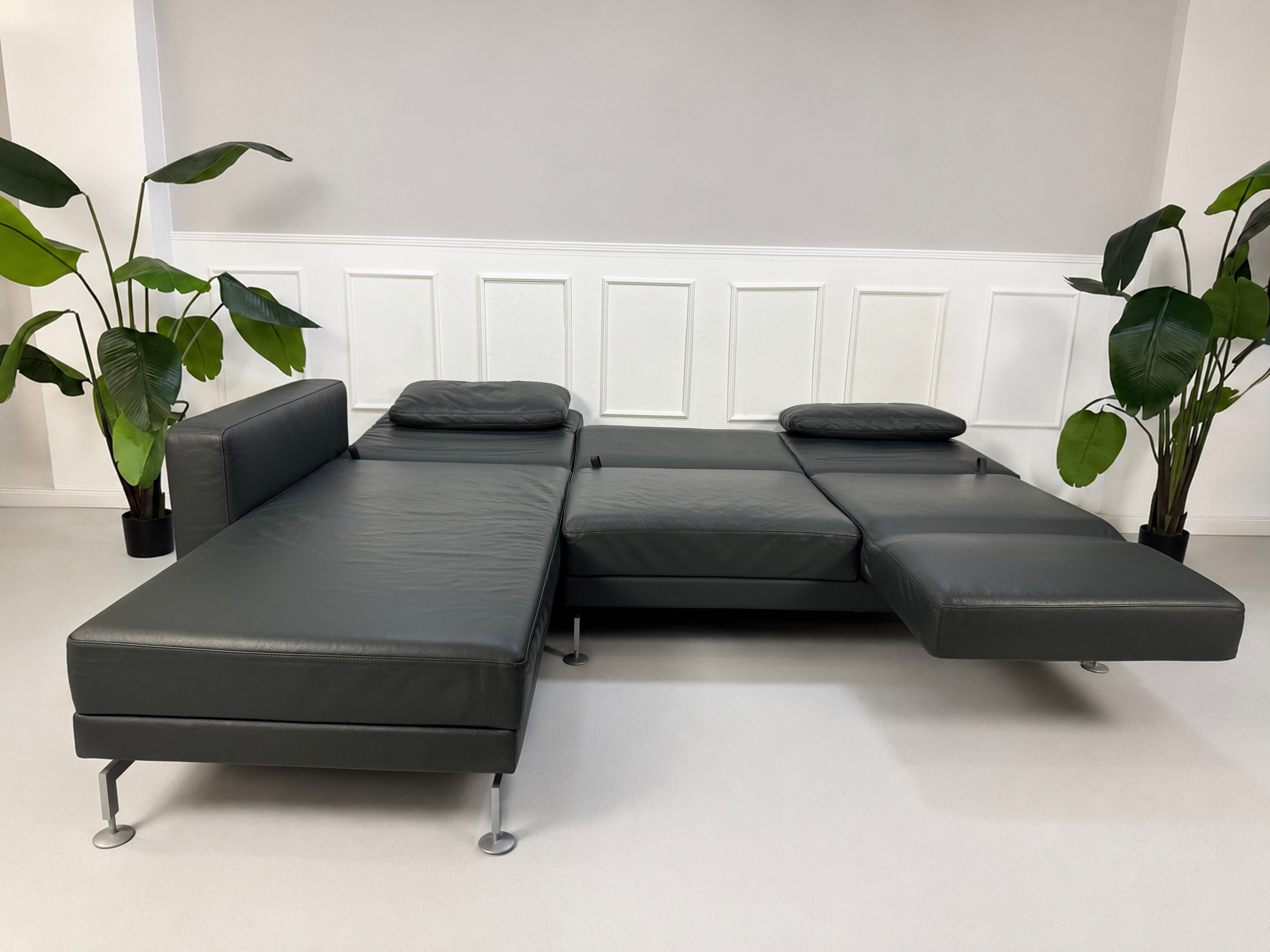 Gebrauchtes Grau Grün Brühl Moule Designer Leder Sofa vor einer Wand, stilvoll und modern eingerichtet.
