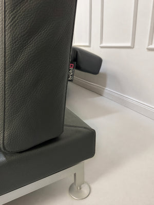 Gebrauchtes Grau Grün Brühl Moule Designer Leder Sofa vor einer Wand, stilvoll und modern eingerichtet.