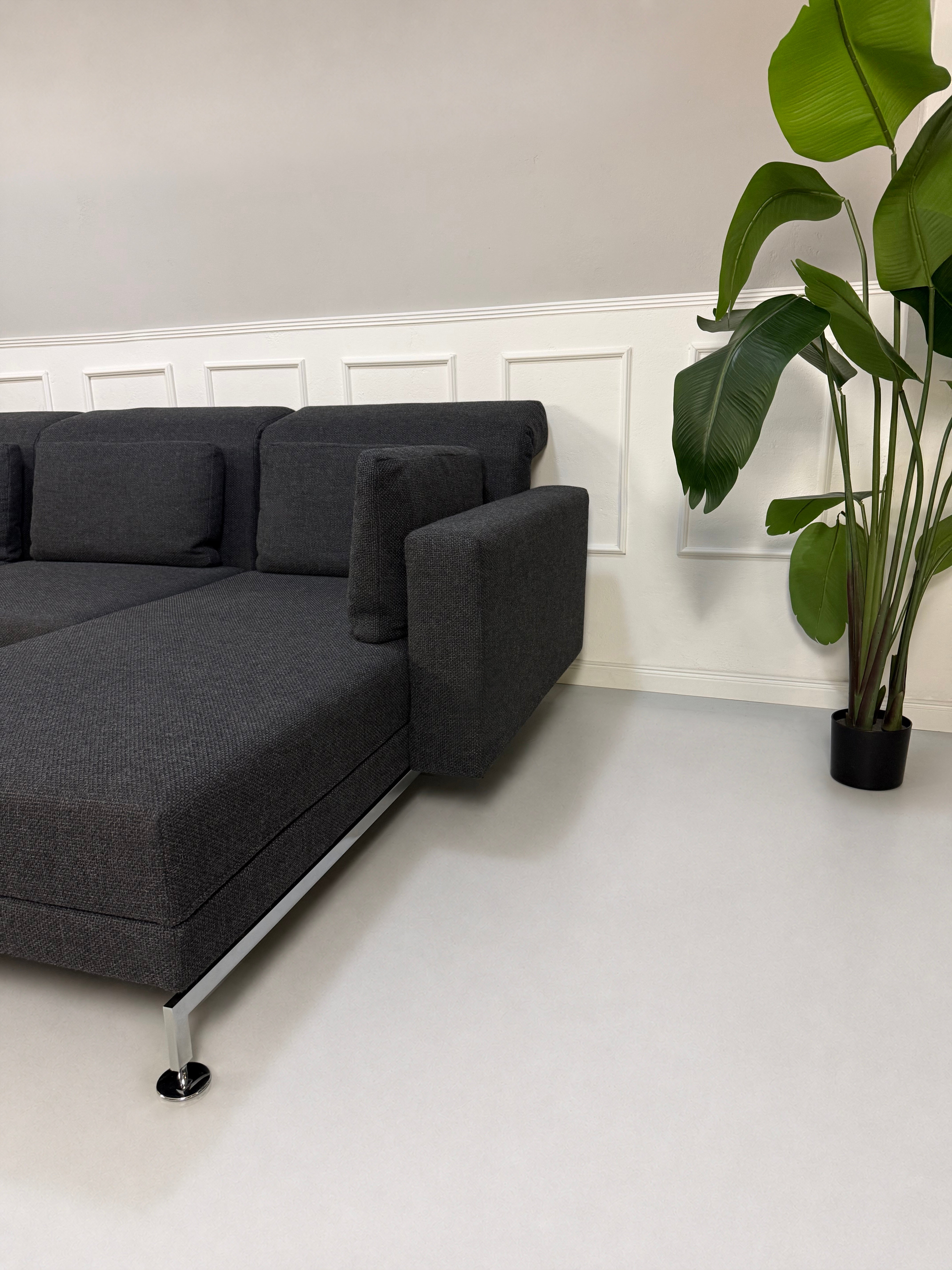 Gebrauchtes graues Brühl Moule Designer Stoff Sofa vor einer Wand, stilvoll und modern eingerichtet.