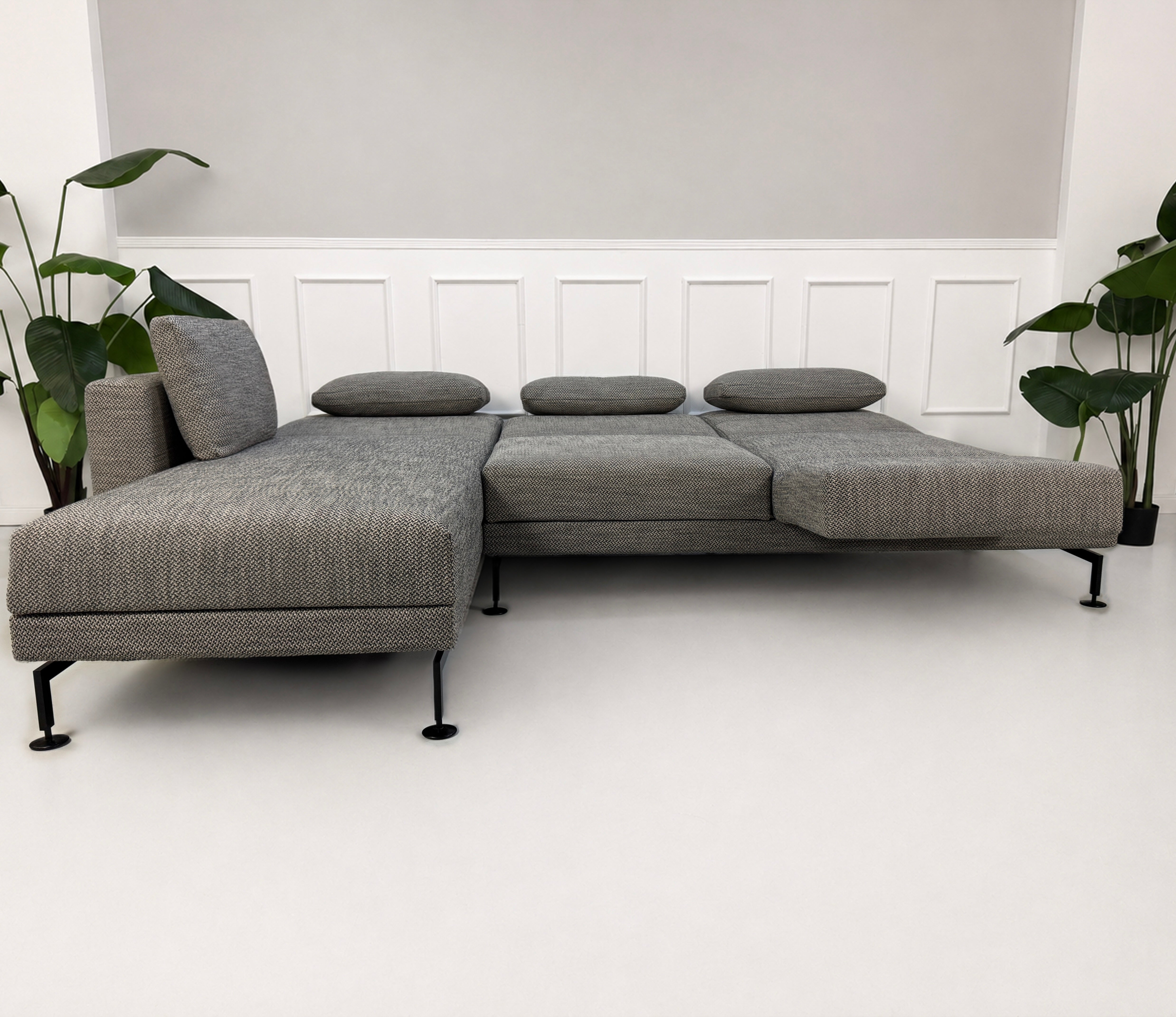 Gebrauchtes graues Brühl Moule Designer Stoff Sofa vor einer Wand, stilvoll und modern eingerichtet.