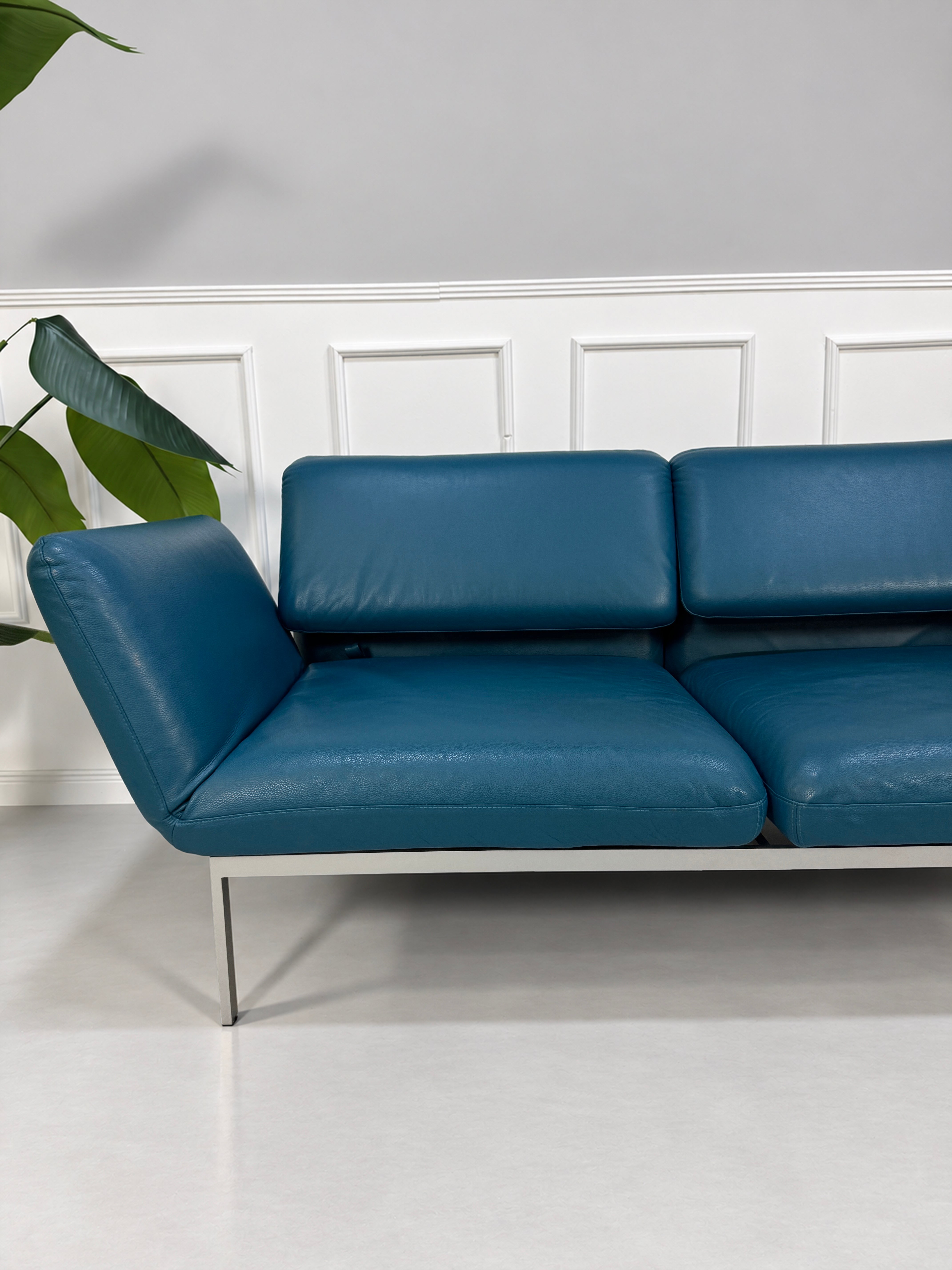 Gebrauchtes blaues Brühl Roro Medium Designer Leder Sofa vor einer Wand, stilvoll und modern eingerichtet.