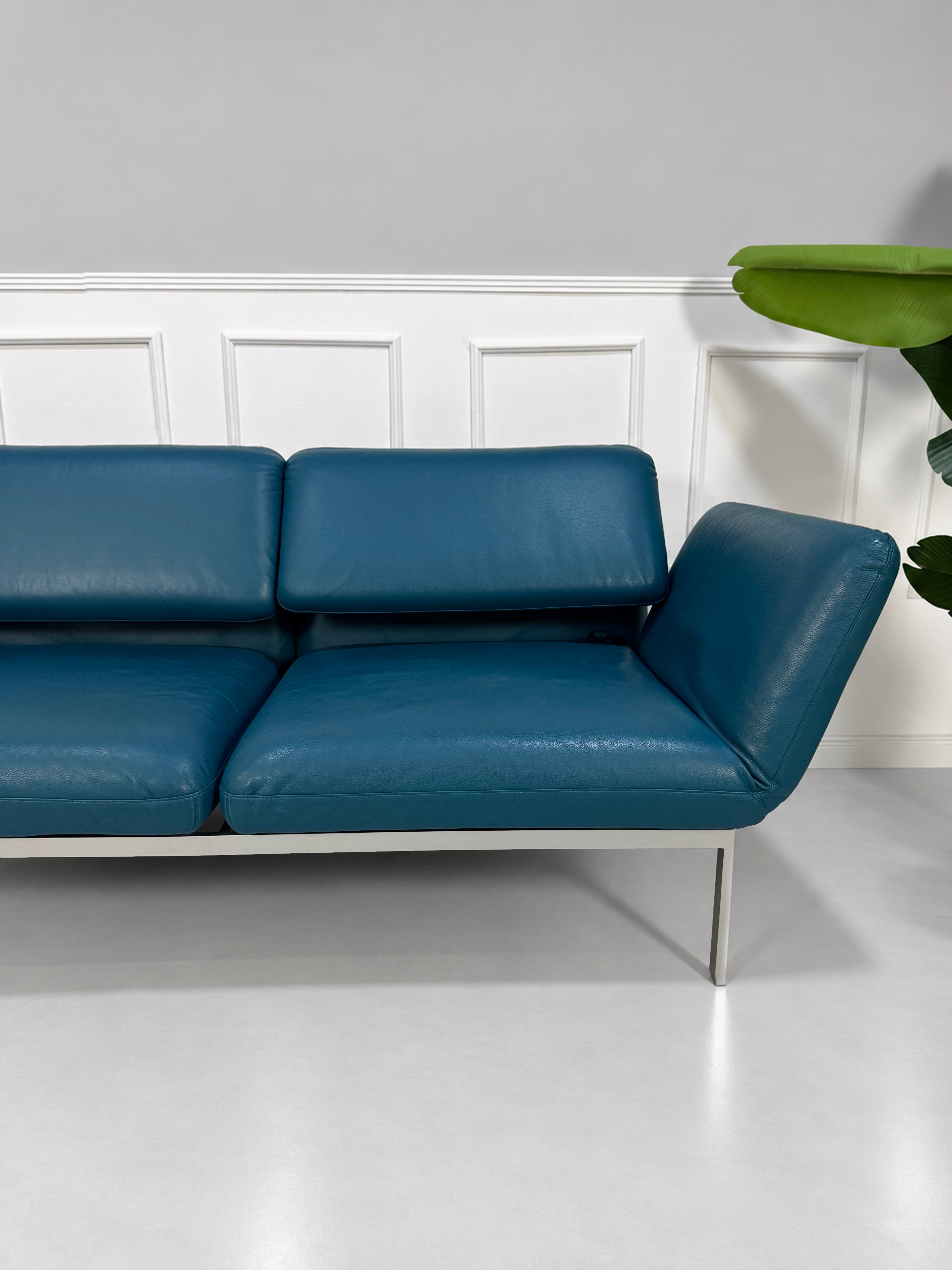 Gebrauchtes blaues Brühl Roro Medium Designer Leder Sofa vor einer Wand, stilvoll und modern eingerichtet.