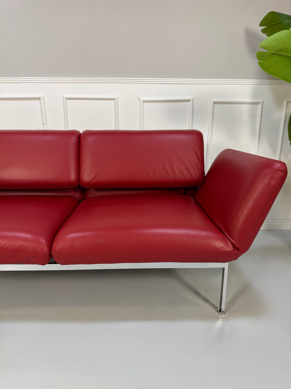 Gebrauchtes rotes Brühl Roro Medium Designer Leder Sofa vor einer Wand, stilvoll und modern eingerichtet.