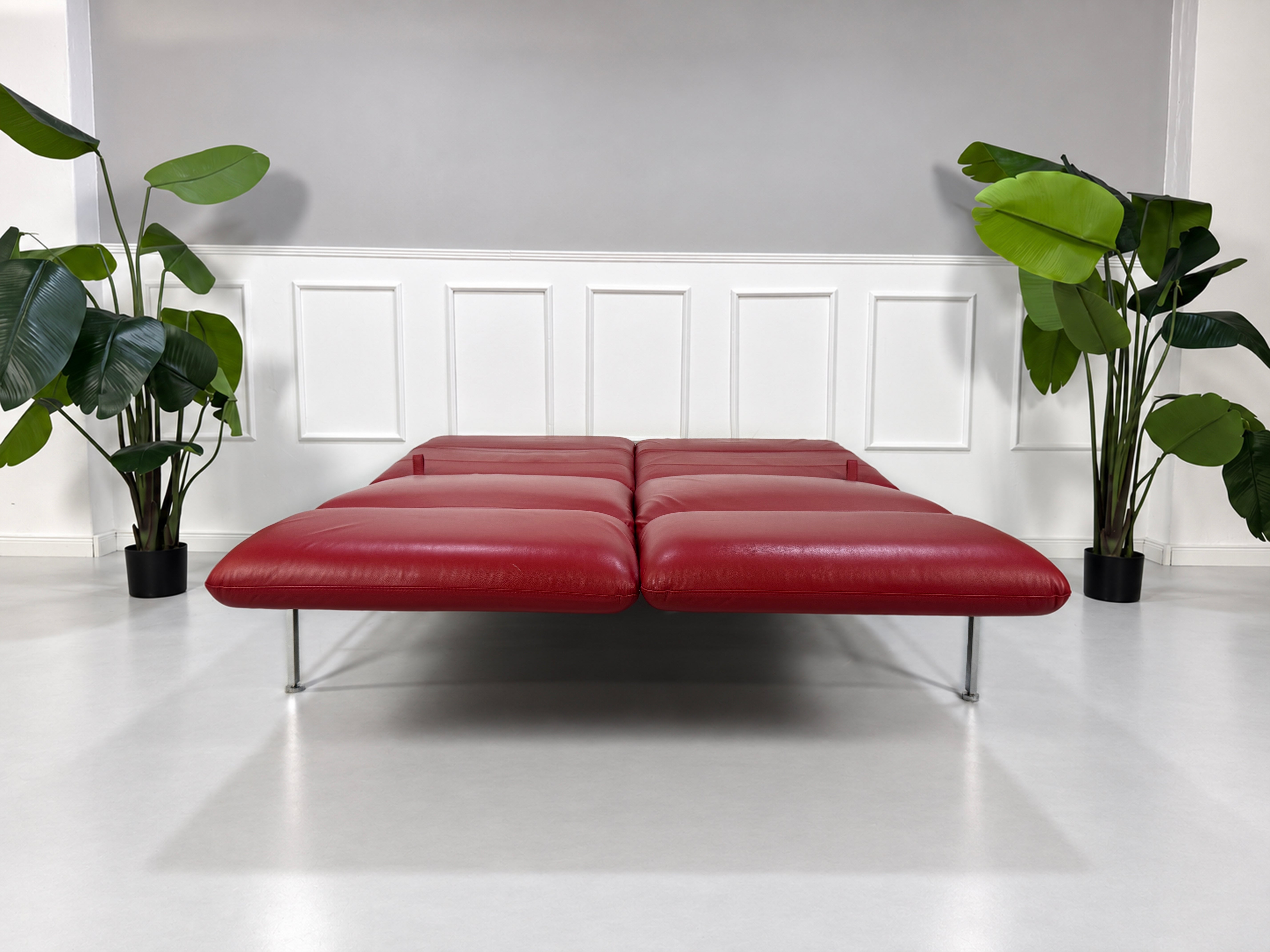 Gebrauchtes rotes Brühl Roro Medium Designer Leder Sofa vor einer Wand, stilvoll und modern eingerichtet.