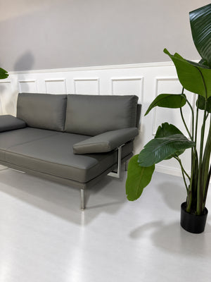 Gebrauchtes graues Walter Knoll Living Platform Designer Leder Sofa vor einer Wand, stilvoll und modern eingerichtet.