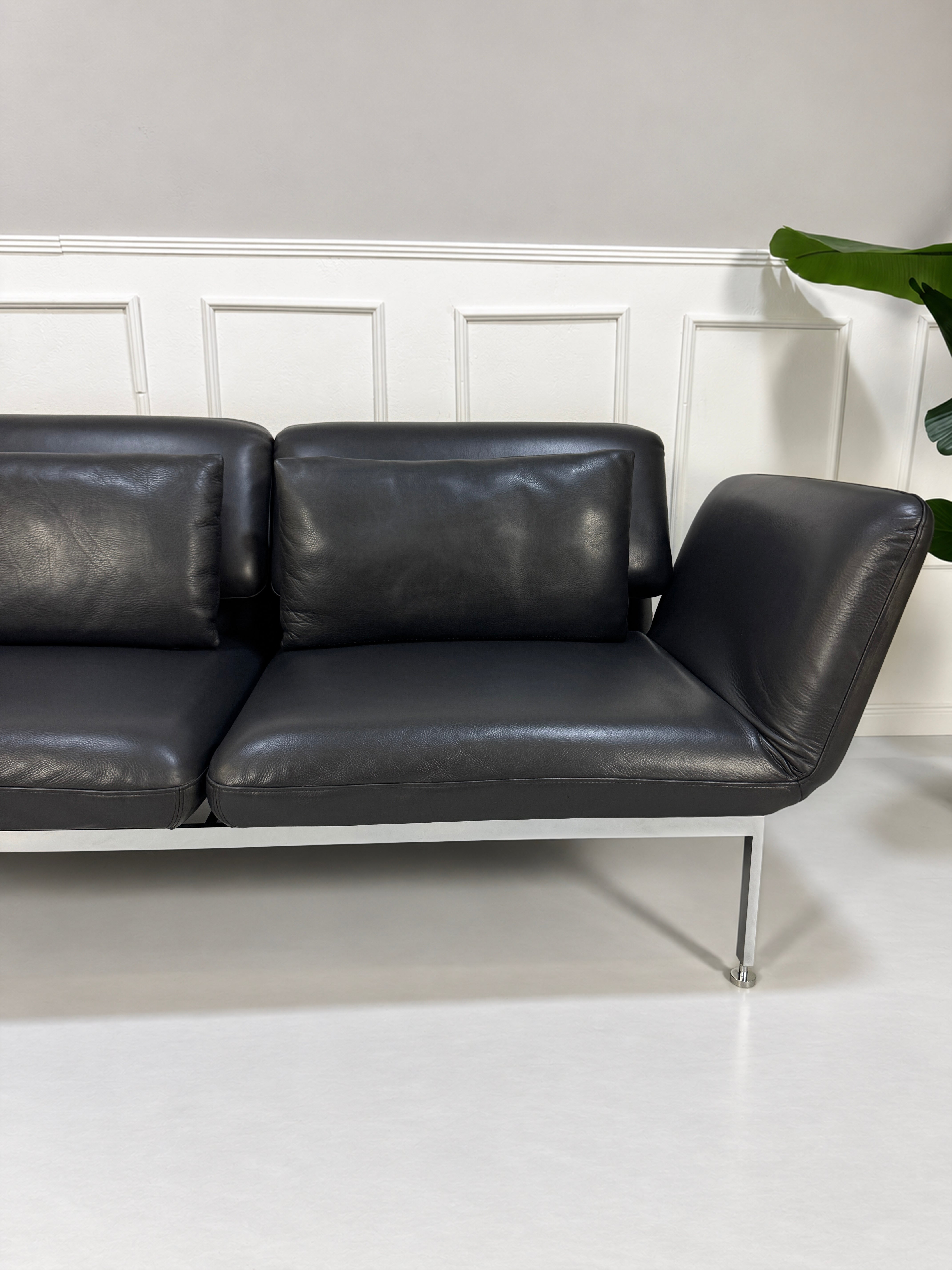 Gebrauchtes graues Brühl Roro Medium Designer Leder Sofa vor einer Wand, stilvoll und modern eingerichtet.