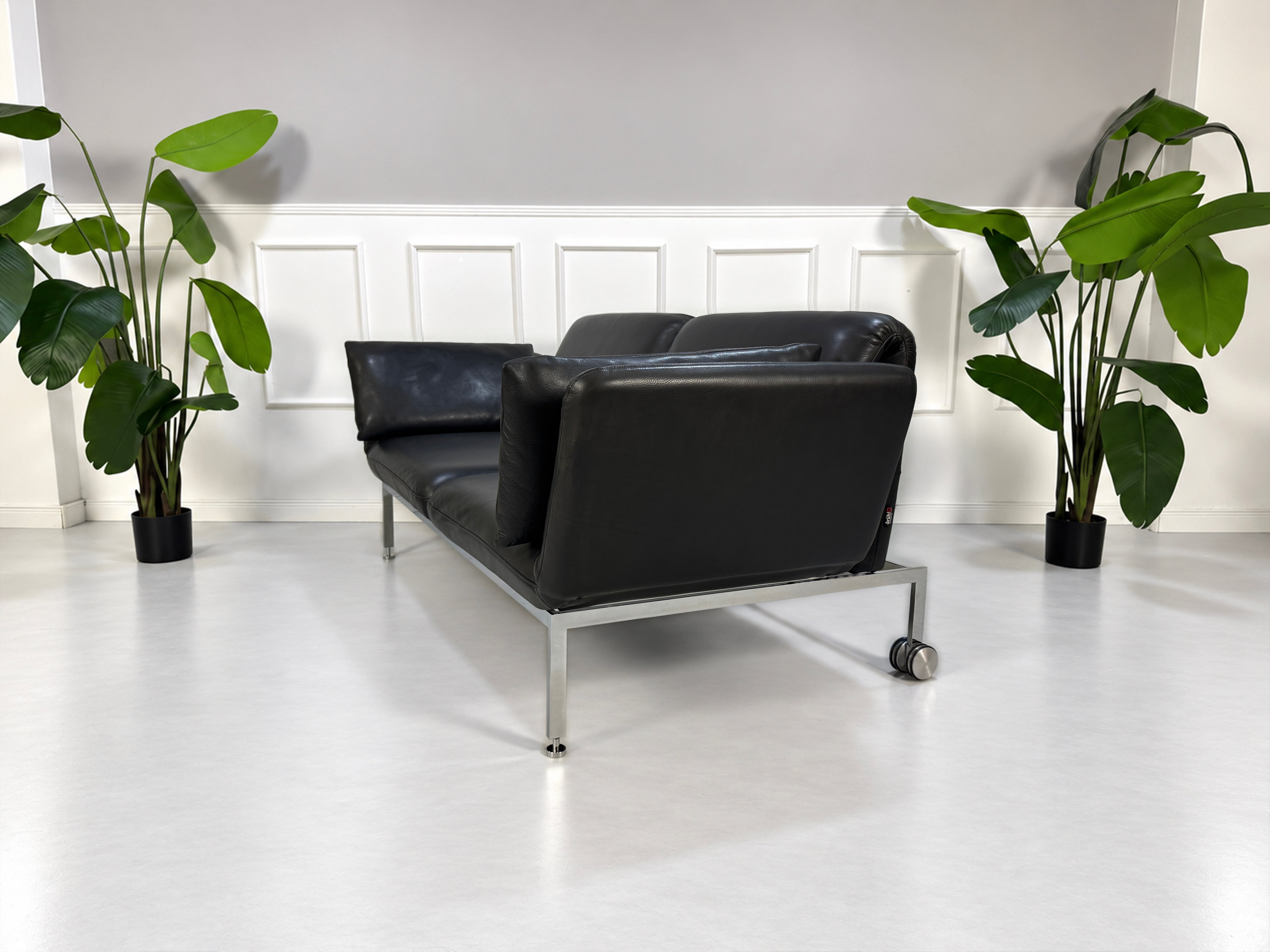 Gebrauchtes graues Brühl Roro Medium Designer Leder Sofa vor einer Wand, stilvoll und modern eingerichtet.