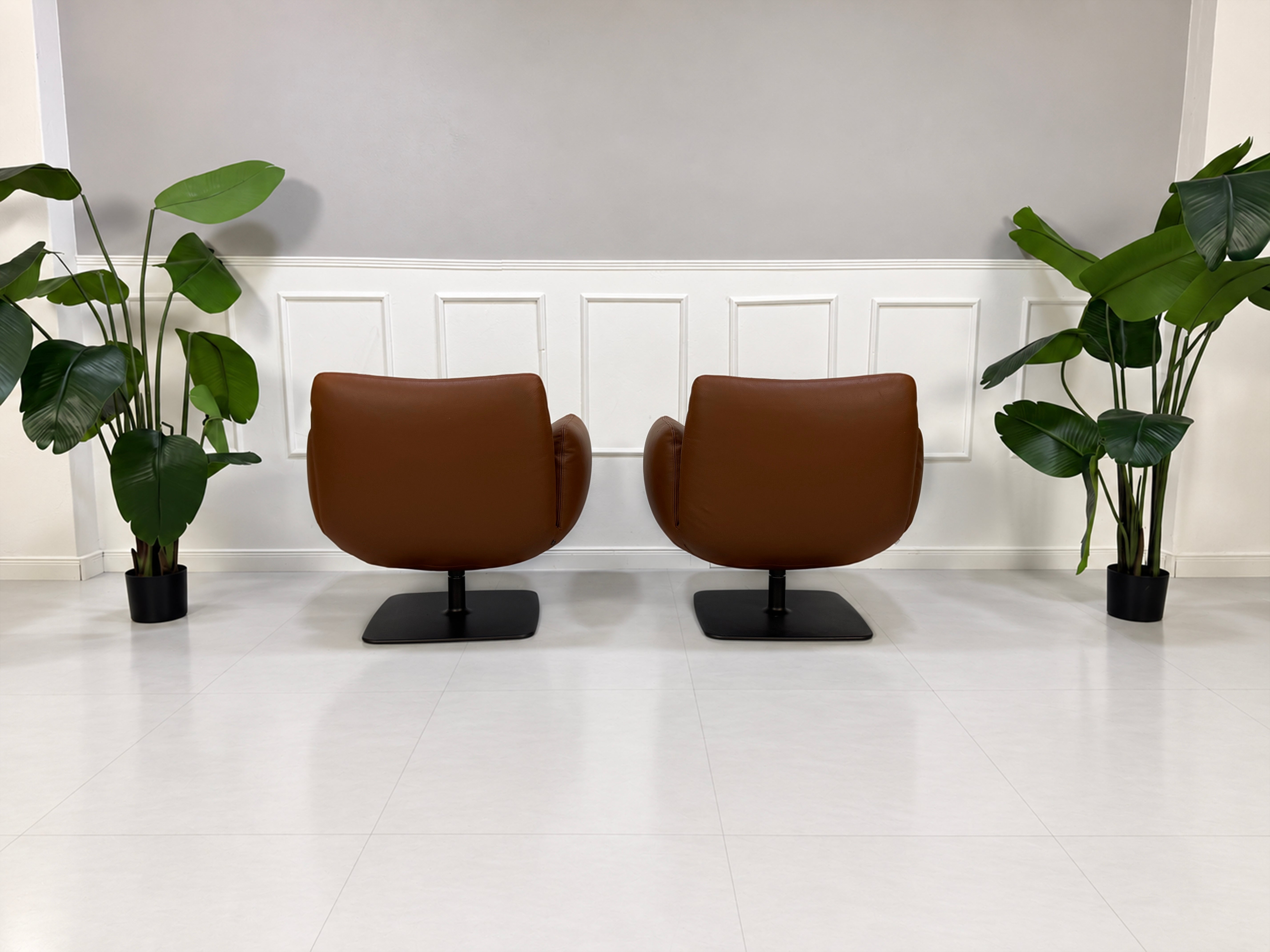 Gebrauchter brauner COR Jalis Designer Leder Sessel vor einer Wand, stilvoll und modern eingerichtet.