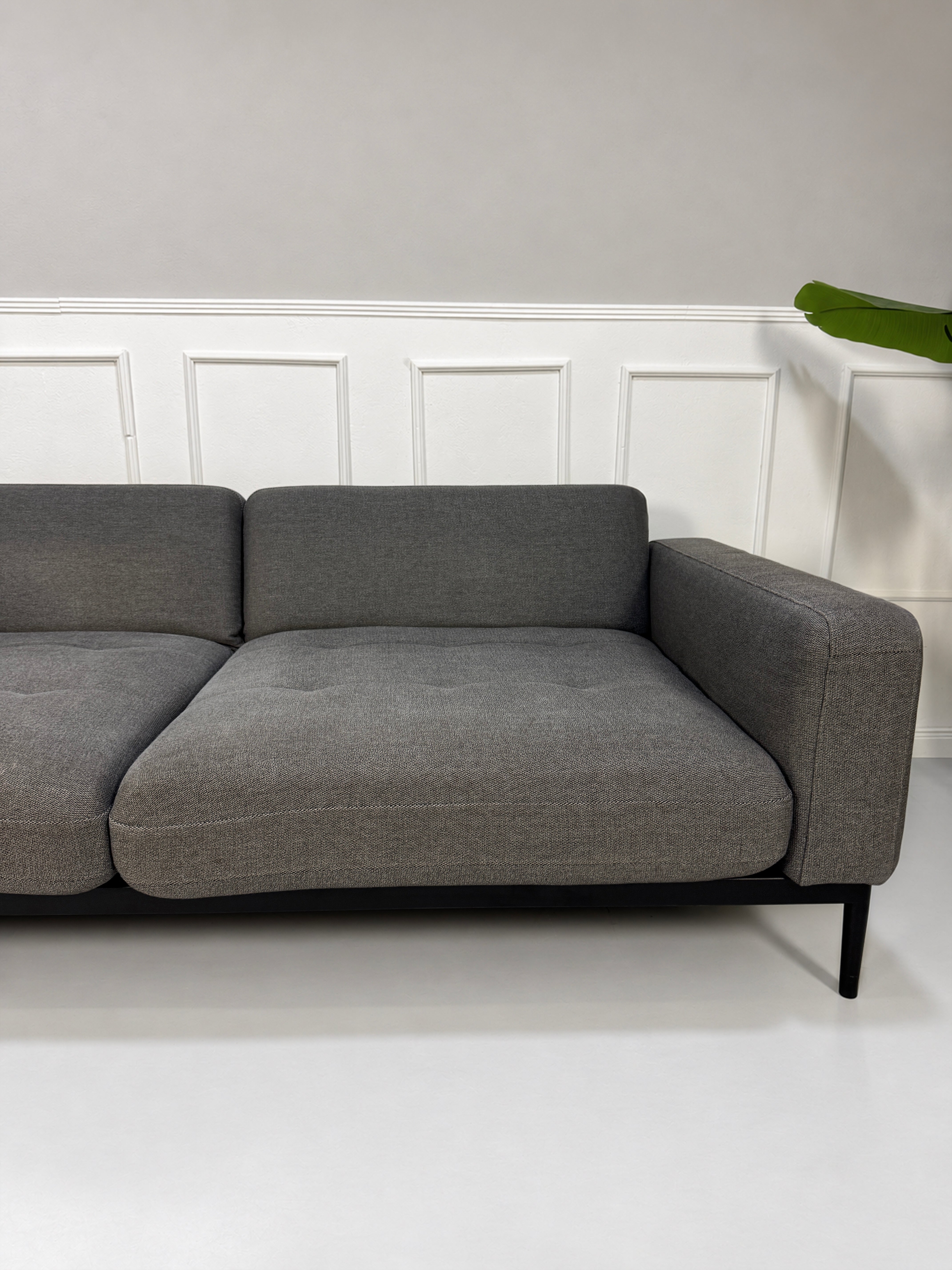 Gebrauchtes graues Rolf Benz Tira Designer Stoff Sofa vor einer Wand, stilvoll und modern eingerichtet.