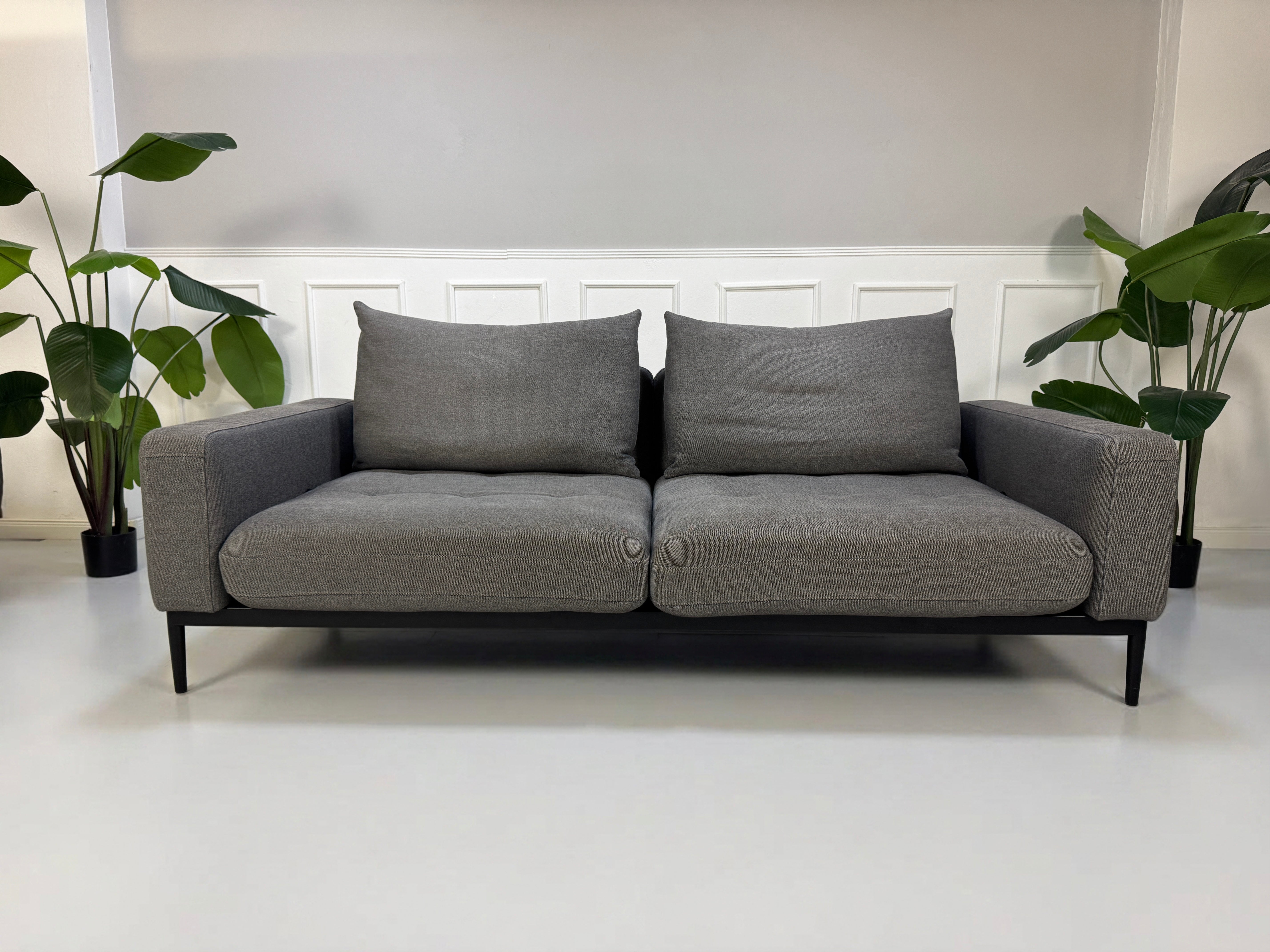 Gebrauchtes graues Rolf Benz Tira Designer Stoff Sofa vor einer Wand, stilvoll und modern eingerichtet.