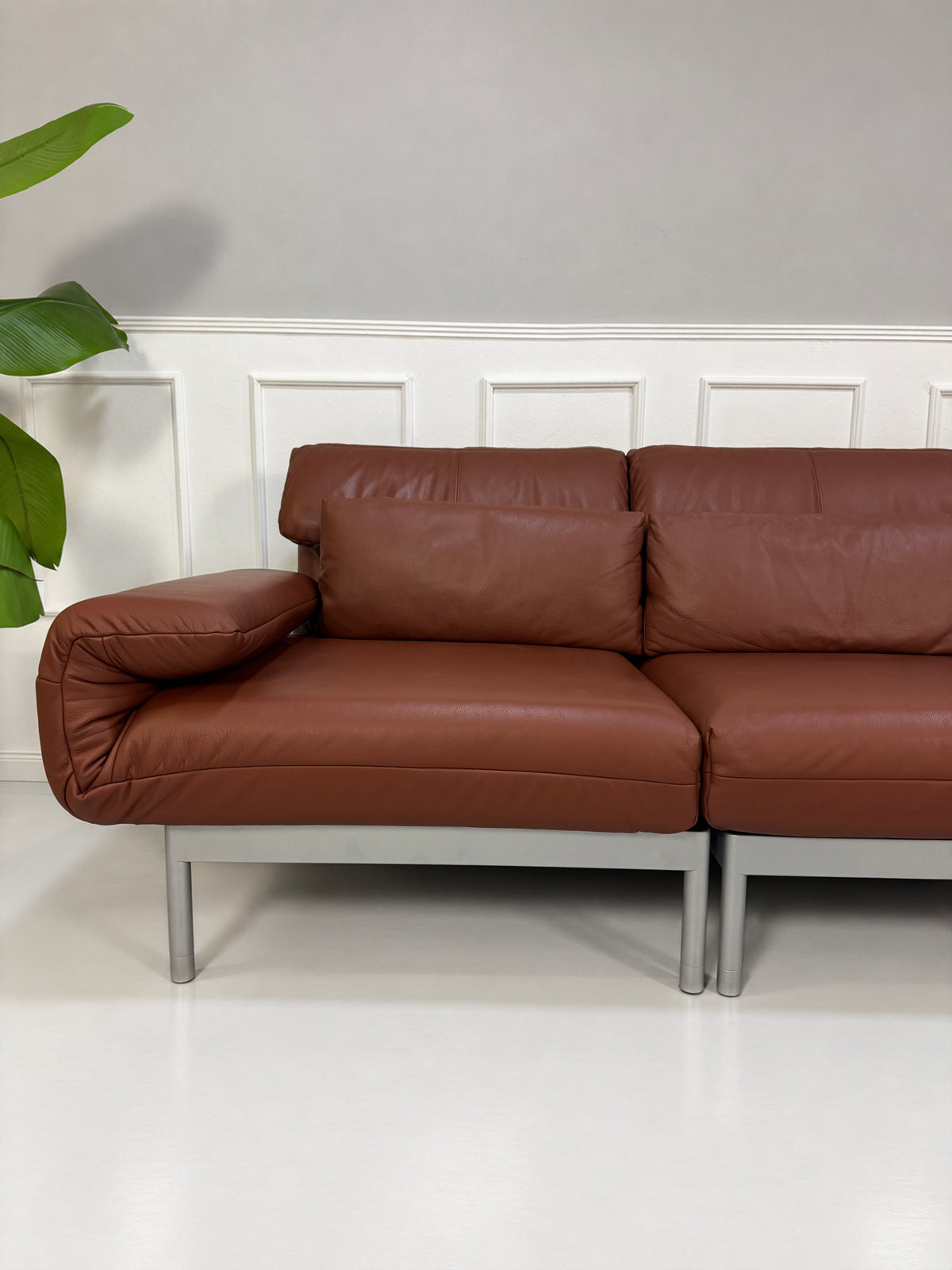 Gebrauchtes braunes Rolf Benz Plura 380 Designer Leder Sofa vor einer Wand, stilvoll und modern eingerichtet.