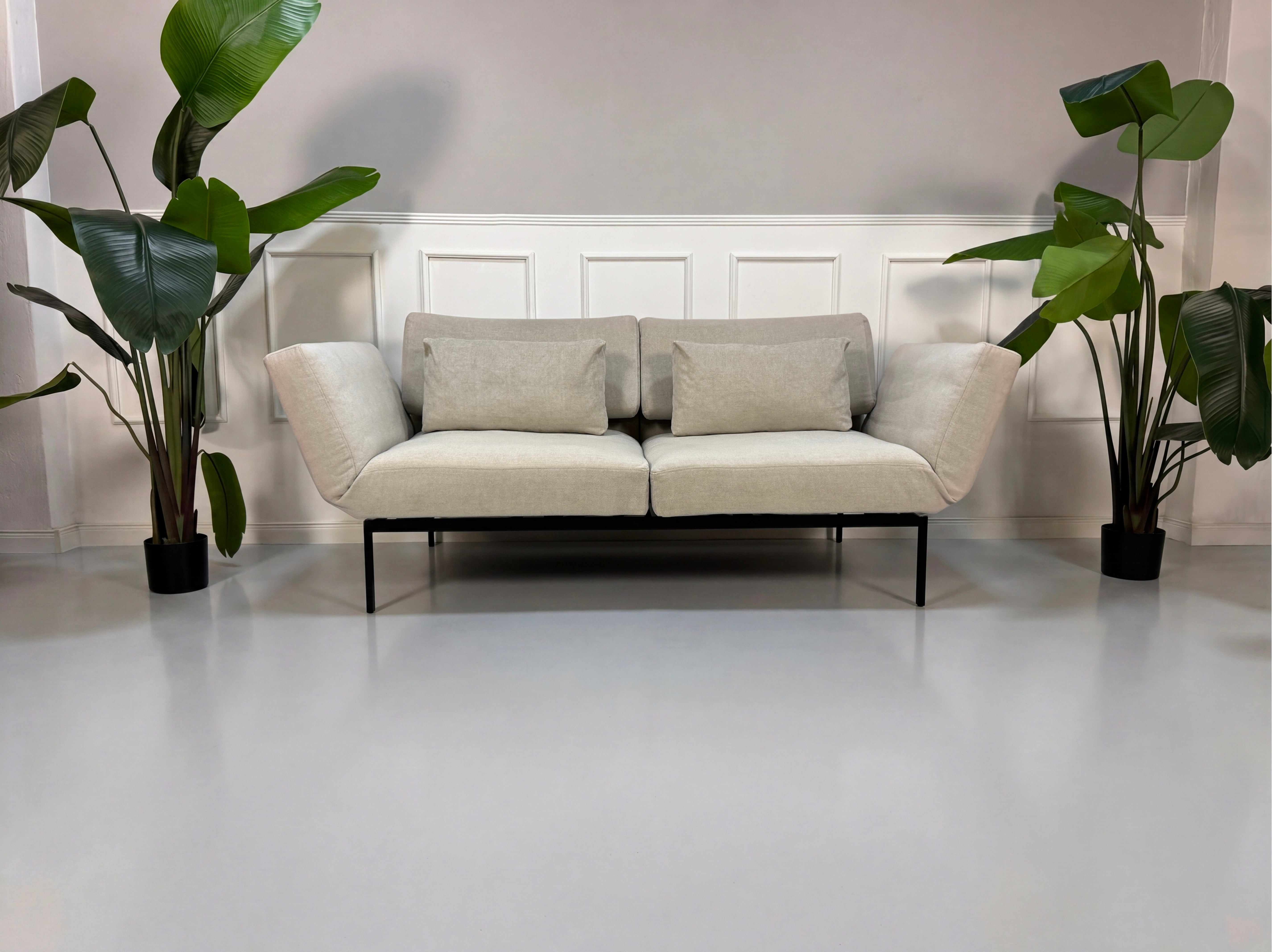 Gebrauchtes graues Brühl Roro Soft Designer Stoff Sofa vor einer Wand, stilvoll und modern eingerichtet.
