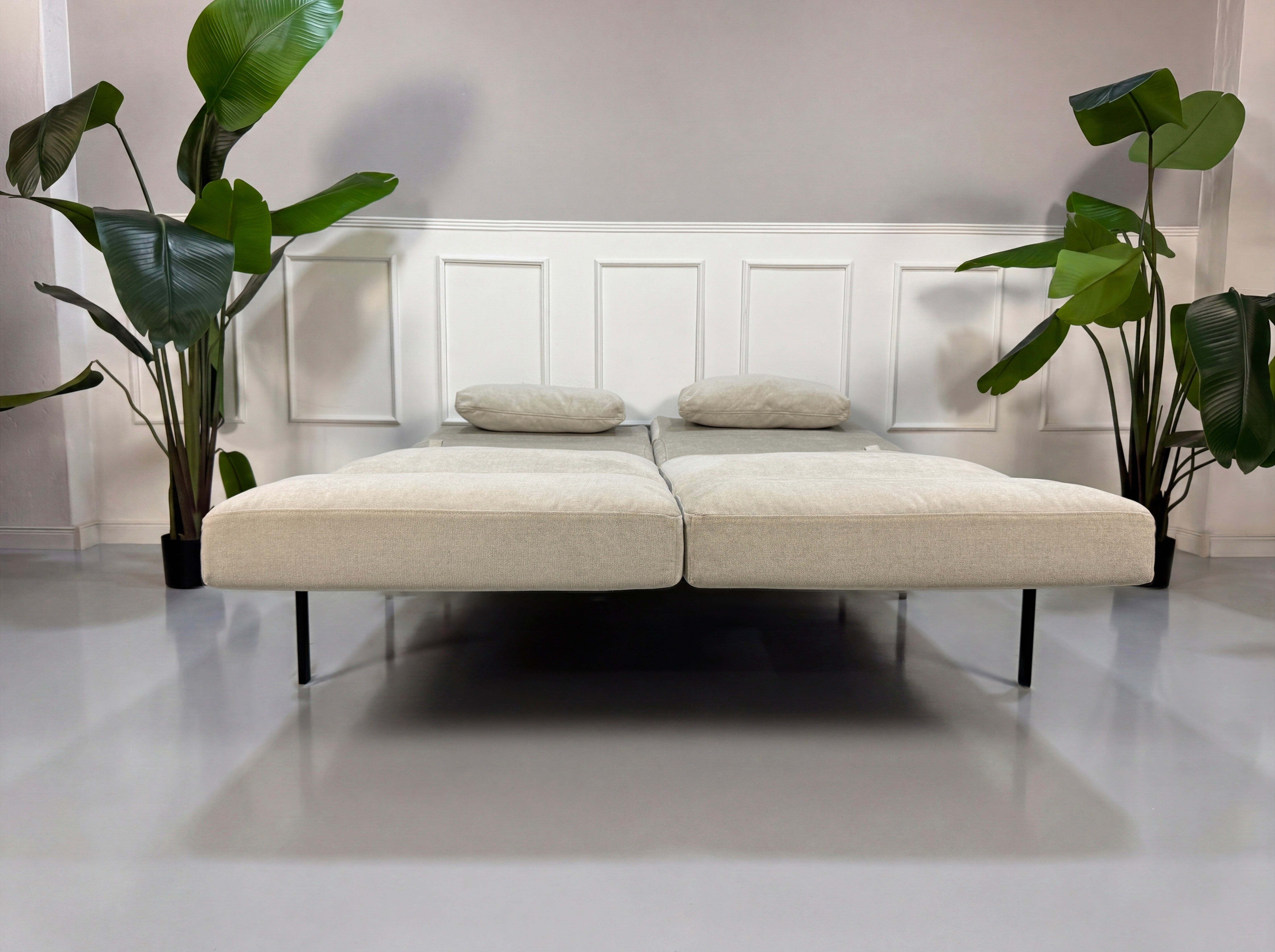 Gebrauchtes graues Brühl Roro Soft Designer Stoff Sofa vor einer Wand, stilvoll und modern eingerichtet.
