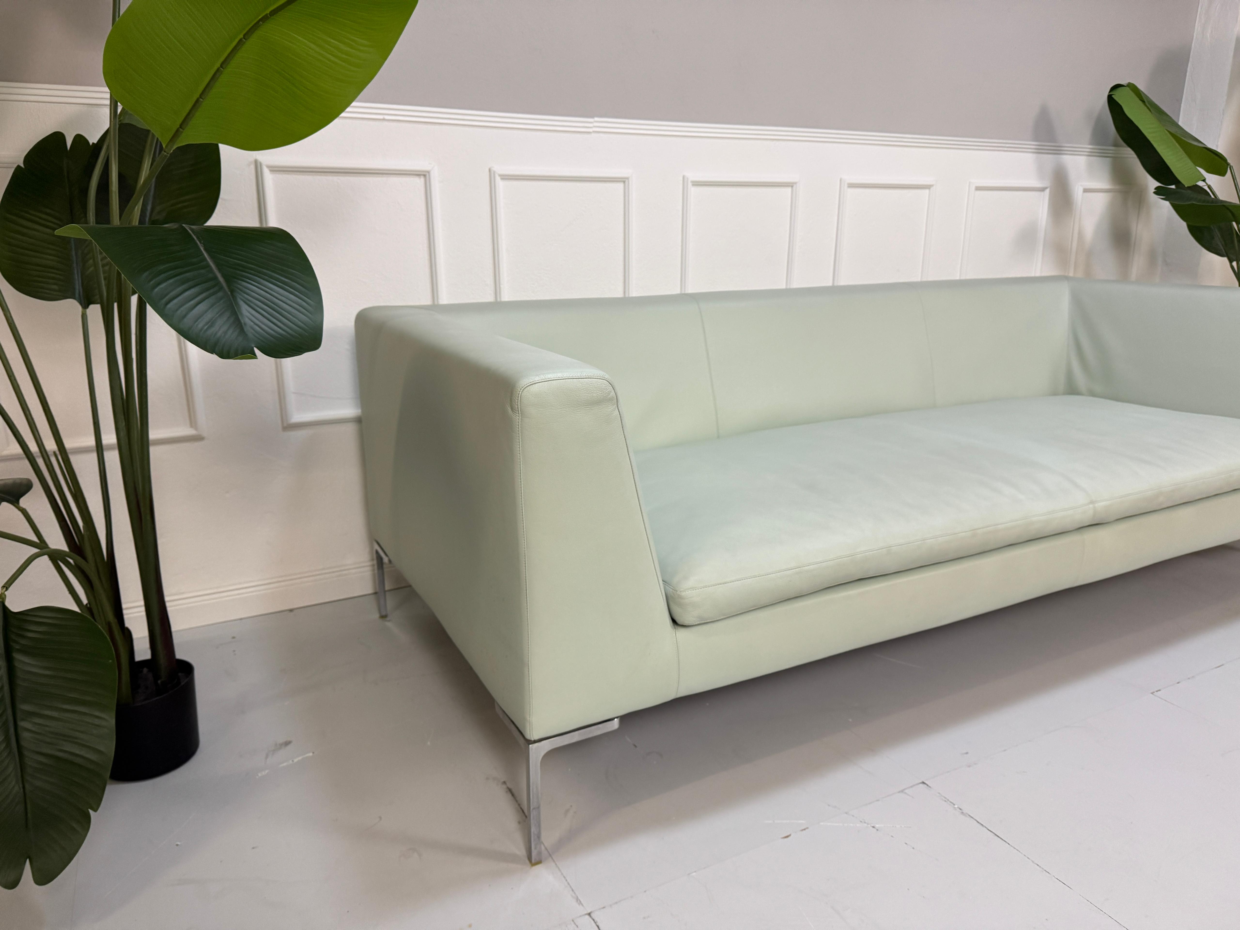 Gebrauchtes grünes B&B Italia Charles Designer Leder Sofa vor einer Wand, stilvoll und modern eingerichtet.