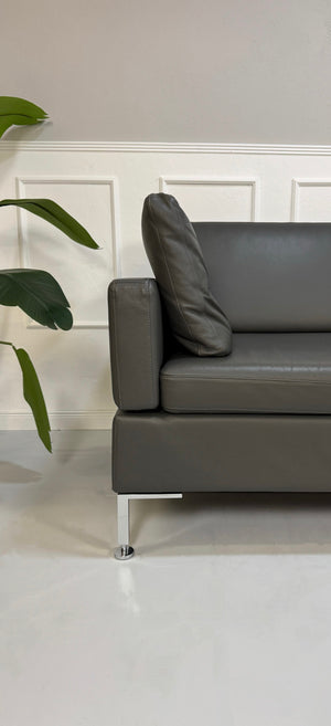 Gebrauchtes graues Brühl Alba Designer Leder Sofa vor einer Wand, stilvoll und modern eingerichtet.