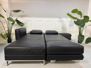Brühl FourTwo Modell in der Farbe Schwarz Designer Leder Sofa vor einer Wand, stilvoll und modern eingerichtet.