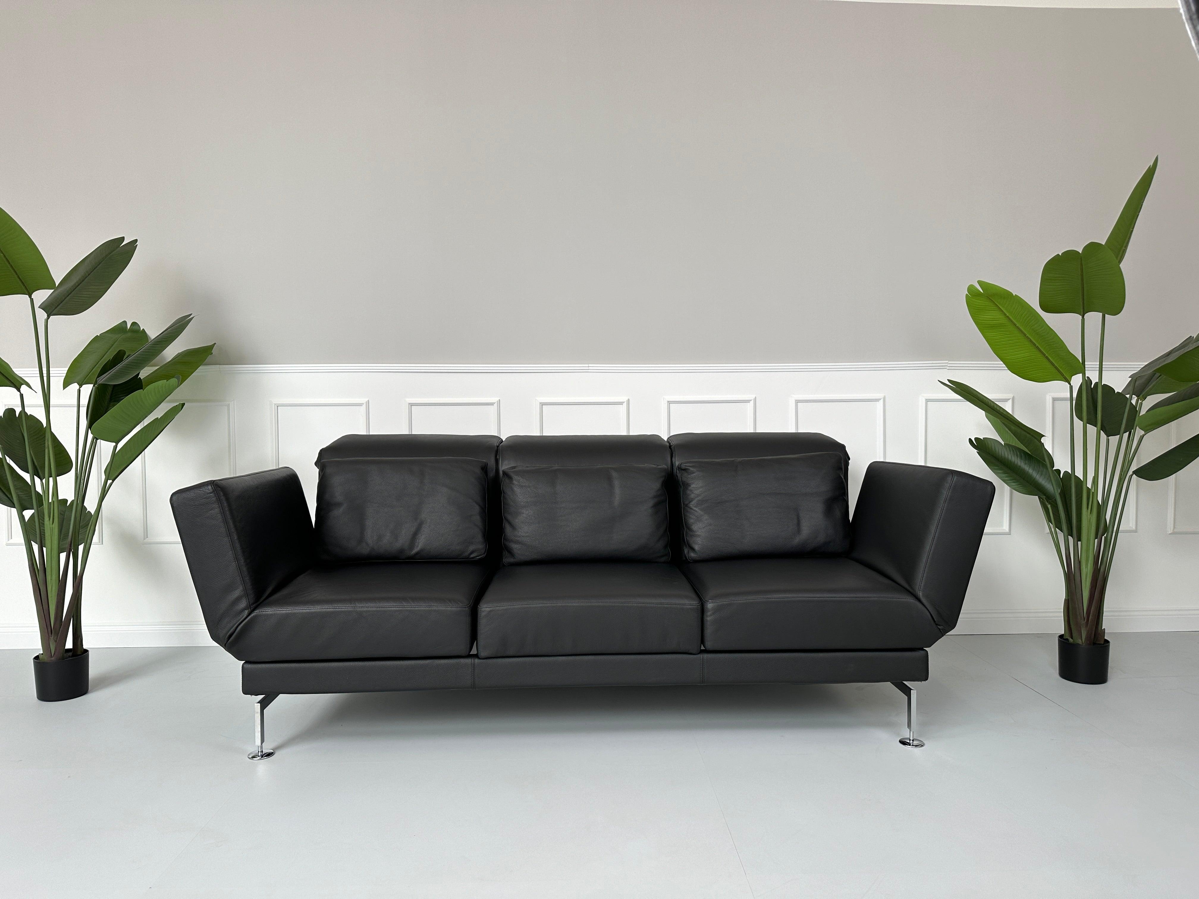 Gebrauchtes Brühl Moule Small 3-Sitzer Sofa Leder in der Farbe Schwarz vor einer Wand, stilvoll und modern eingerichtet.