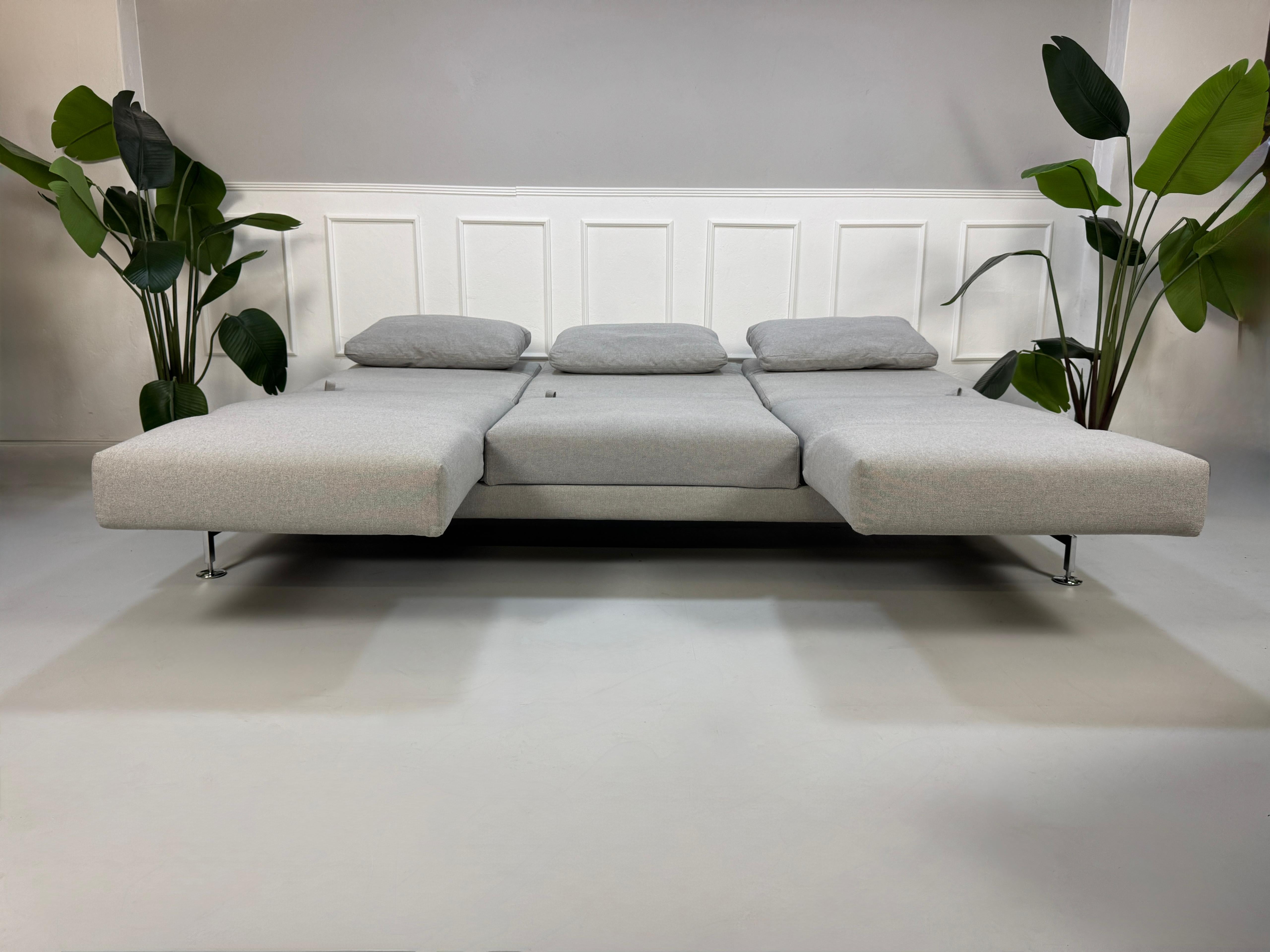 Gebrauchtes graues Brühl Moule Designer Stoff Sofa vor einer Wand, stilvoll und modern eingerichtet.