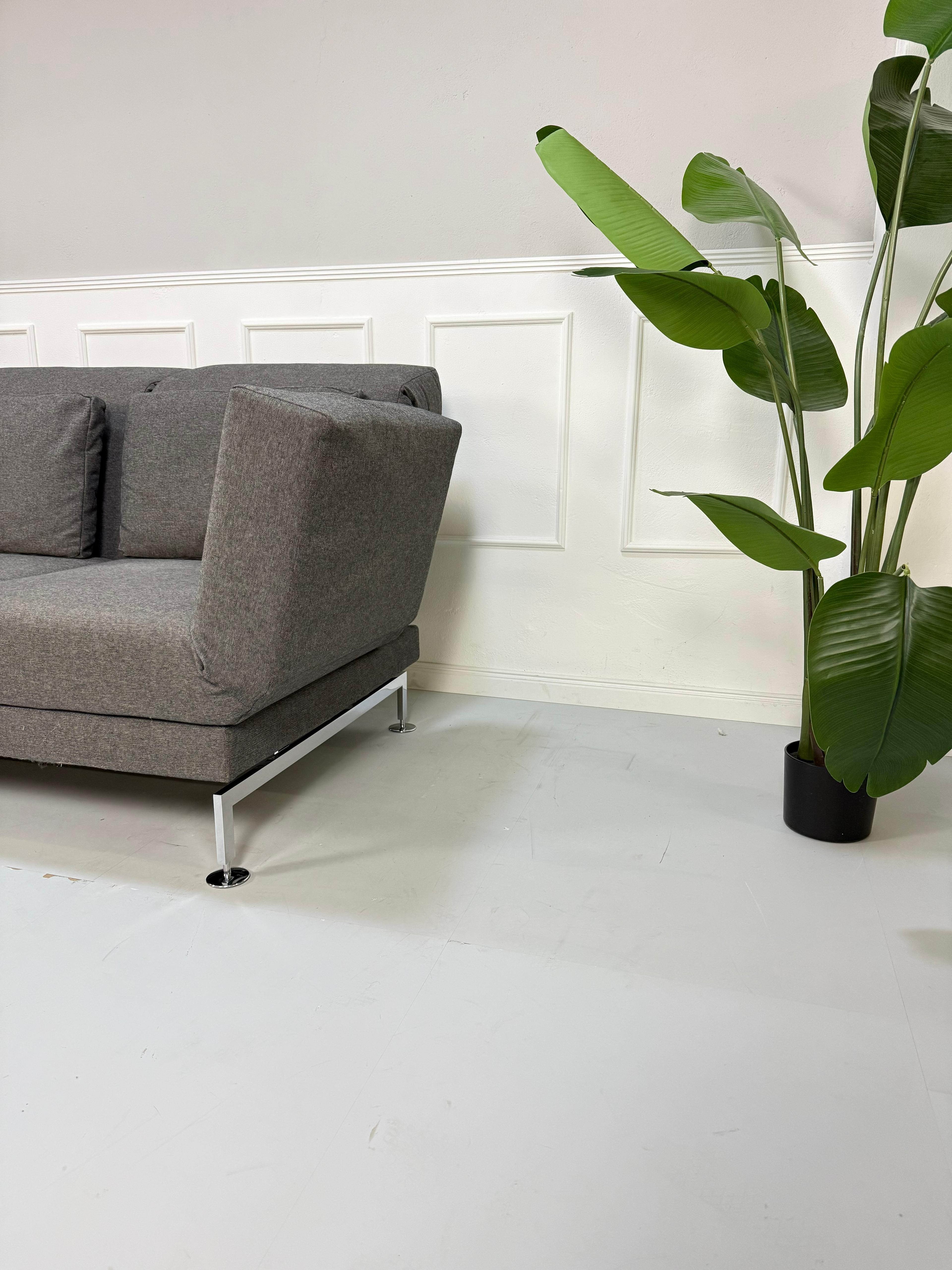 Gebrauchtes graues Brühl Moule Small Designer Stoff Sofa vor einer Wand, stilvoll und modern eingerichtet.