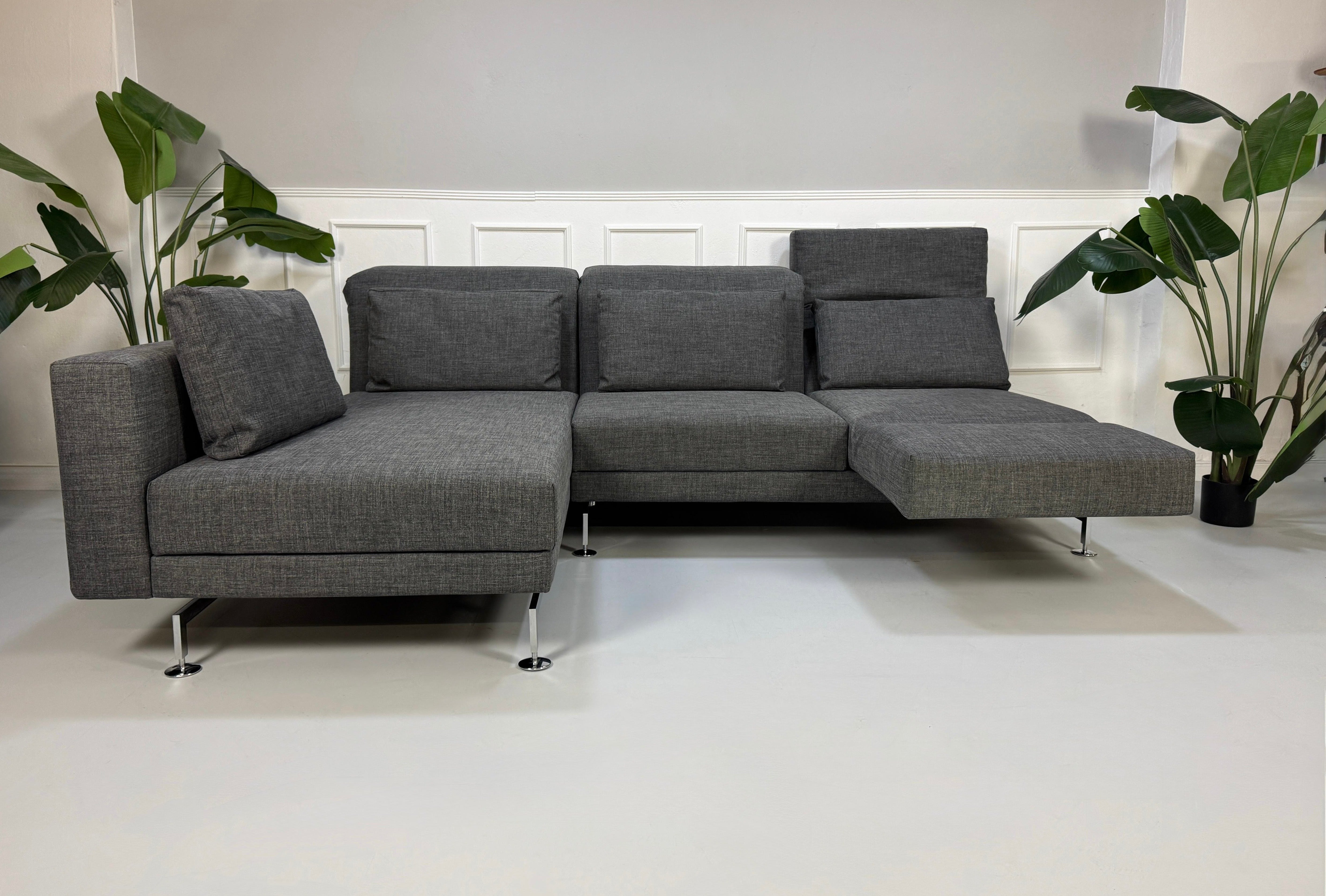 Ein graues Brühl Moule Designer Stoff Sofa vor einer Wand, stilvoll und modern eingerichtet.