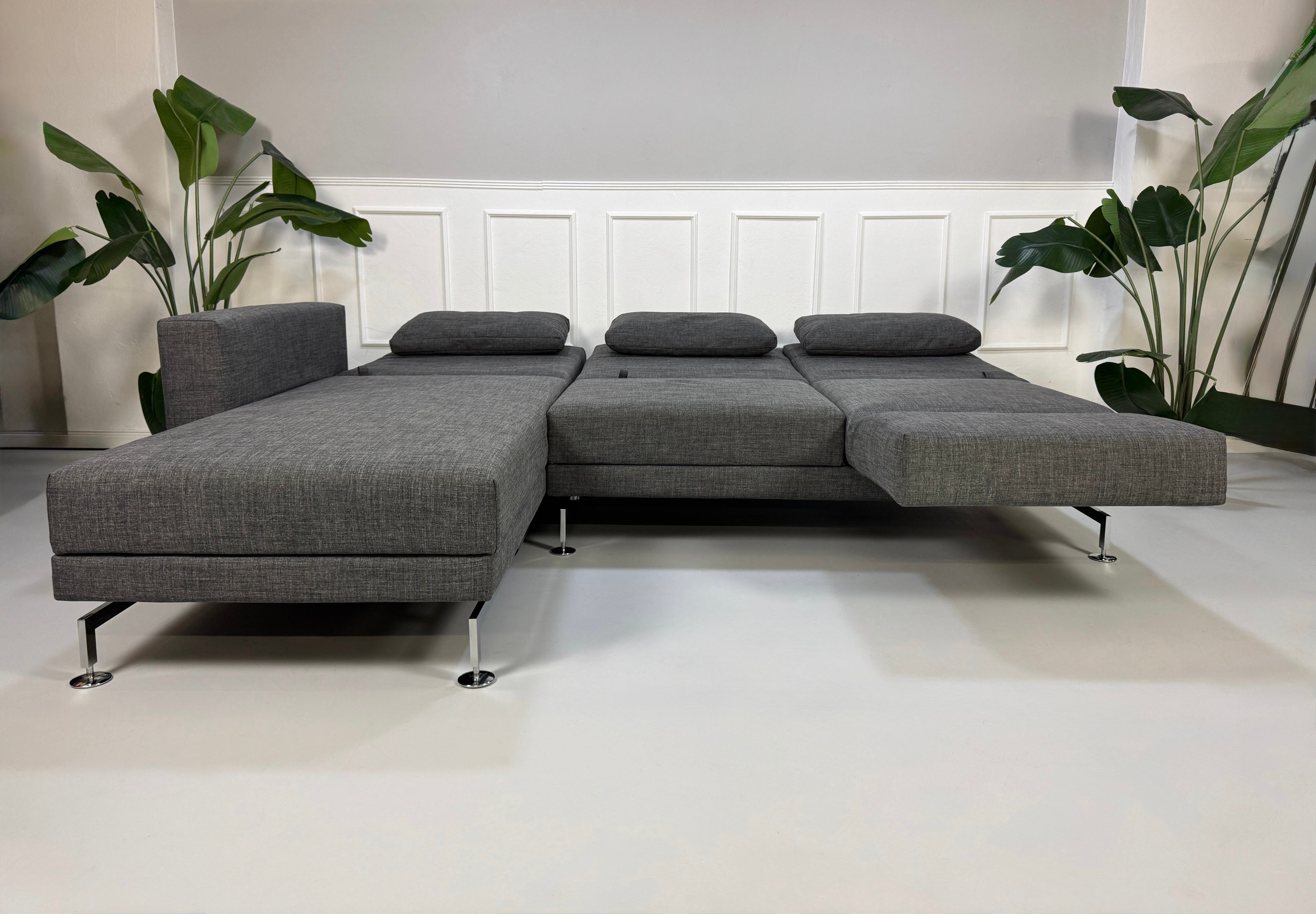 Ein graues Brühl Moule Designer Stoff Sofa vor einer Wand, stilvoll und modern eingerichtet.
