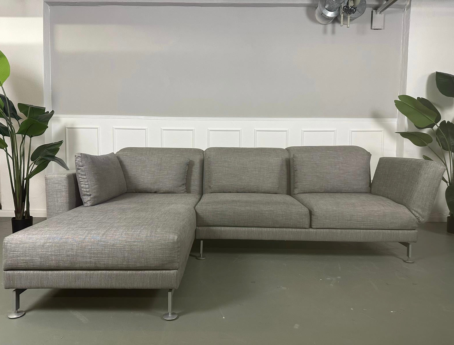 Gebrauchtes Brühl Moule Ecksofa Stoff in der Farbe grau vor einer Wand, stilvoll und modern eingerichtet.