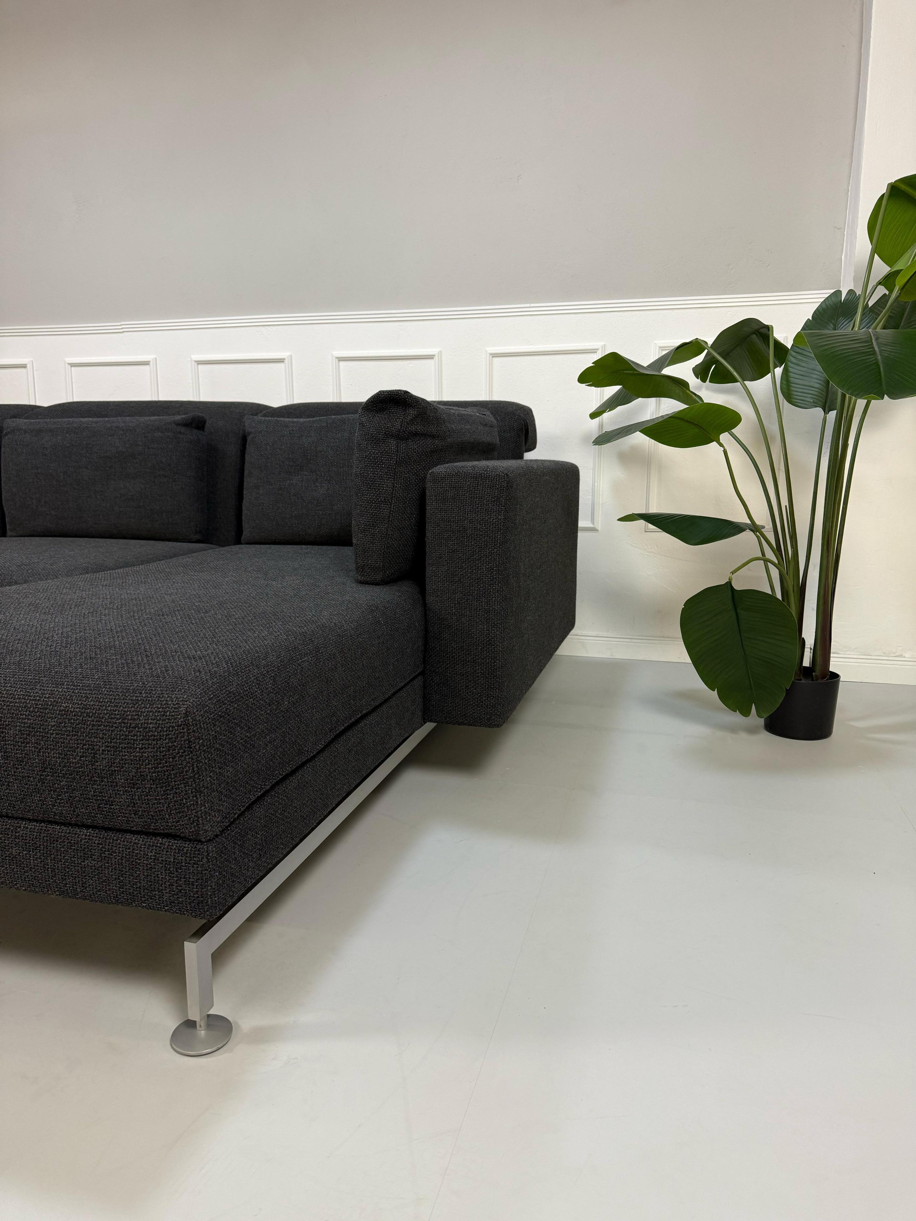 Gebrauchtes Brühl Moule in der Farbe Grau Designer Leder Sofa vor einer Wand, stilvoll und modern eingerichtet.