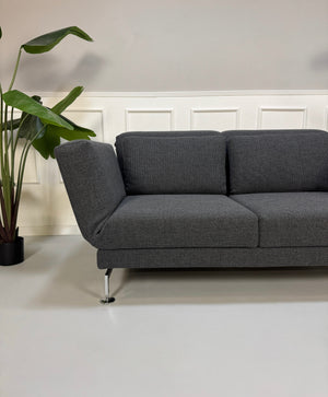 Graues Ausstellungsstück Brühl Moule Designer Stoff Sofa vor einer Wand, stilvoll und modern eingerichtet.