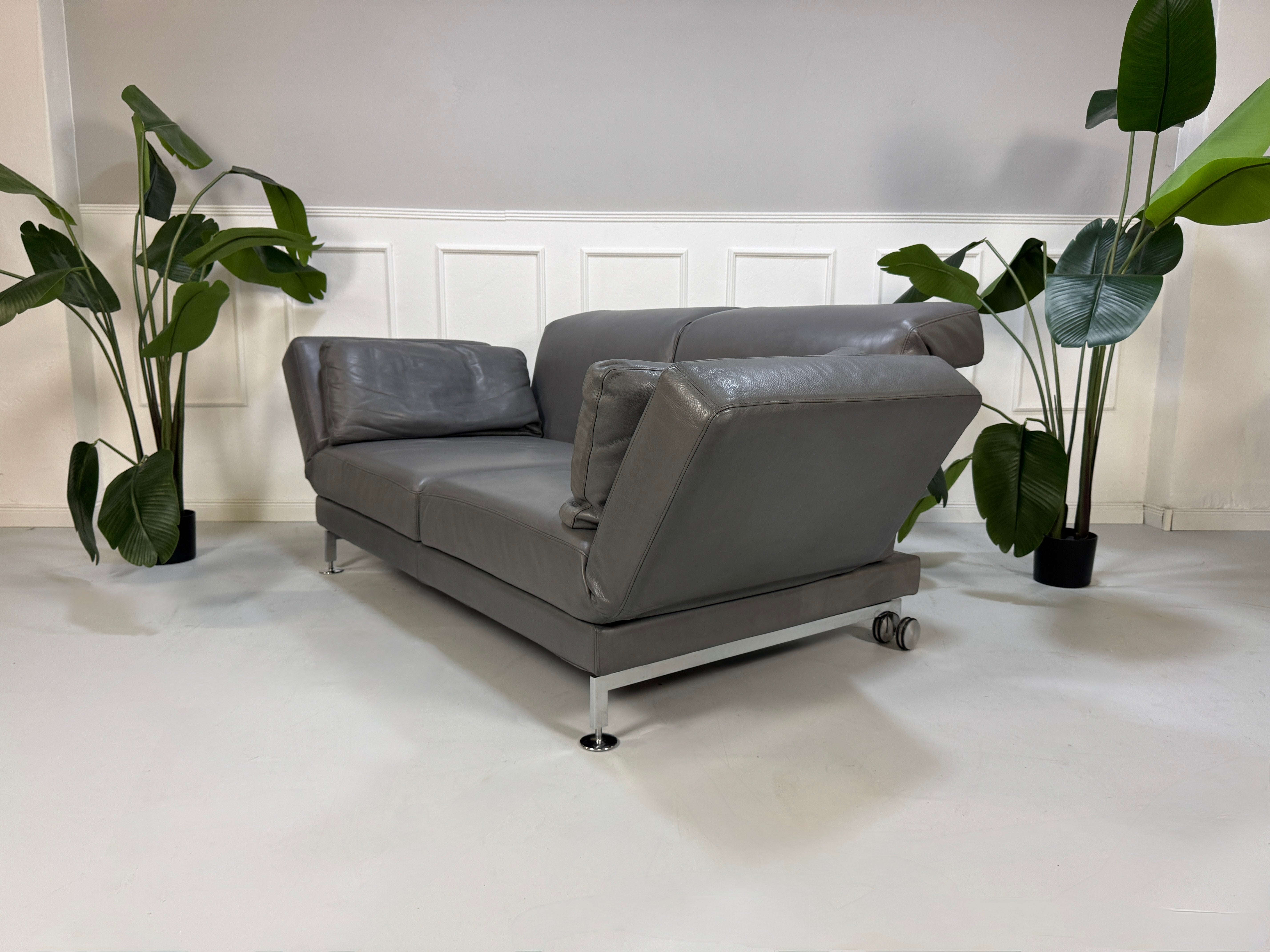 Refurbished graues Brühl Moule Designer Leder Sofa vor einer Wand, stilvoll und modern eingerichtet.