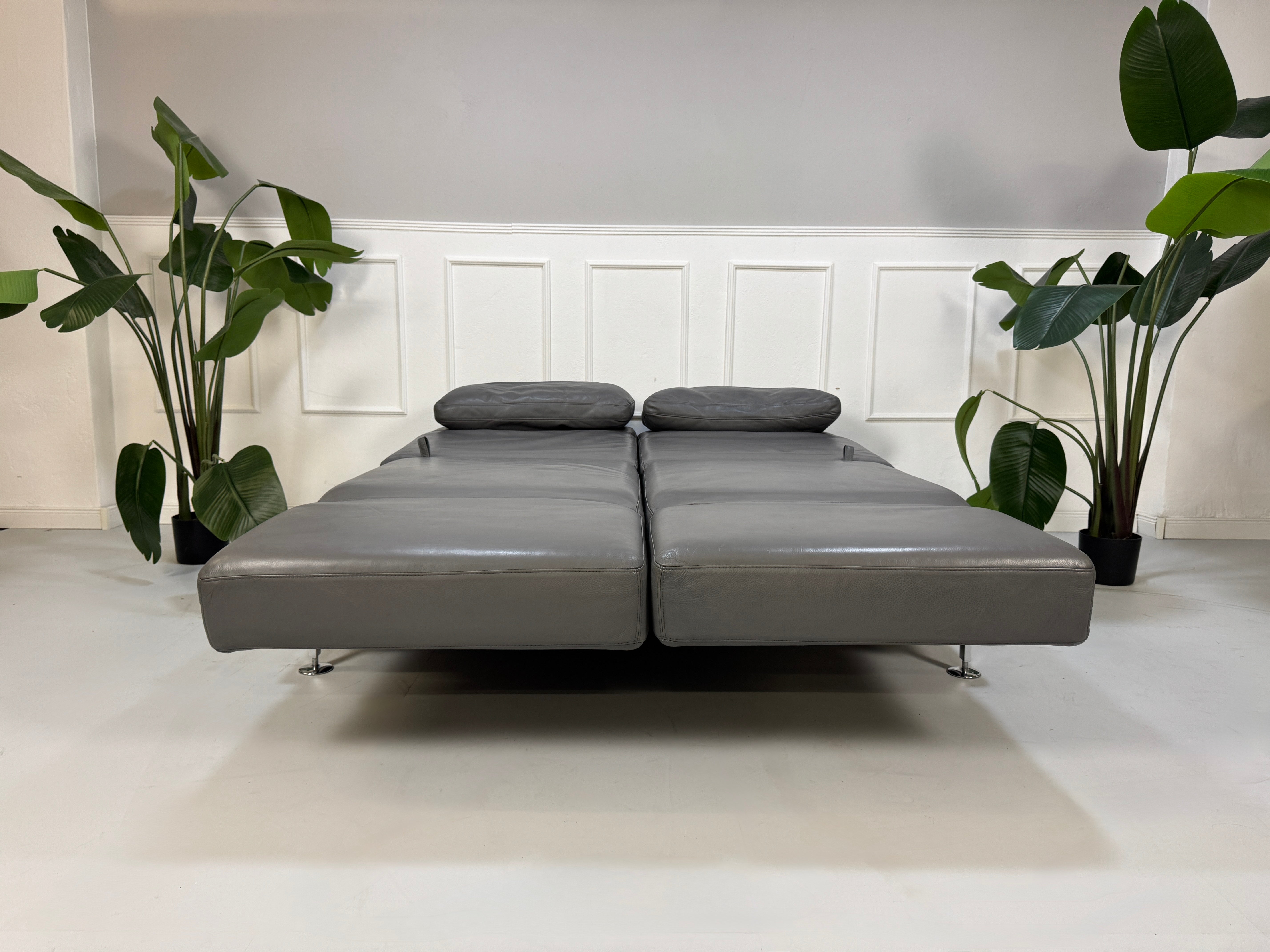 Refurbished graues Brühl Moule Designer Leder Sofa vor einer Wand, stilvoll und modern eingerichtet.