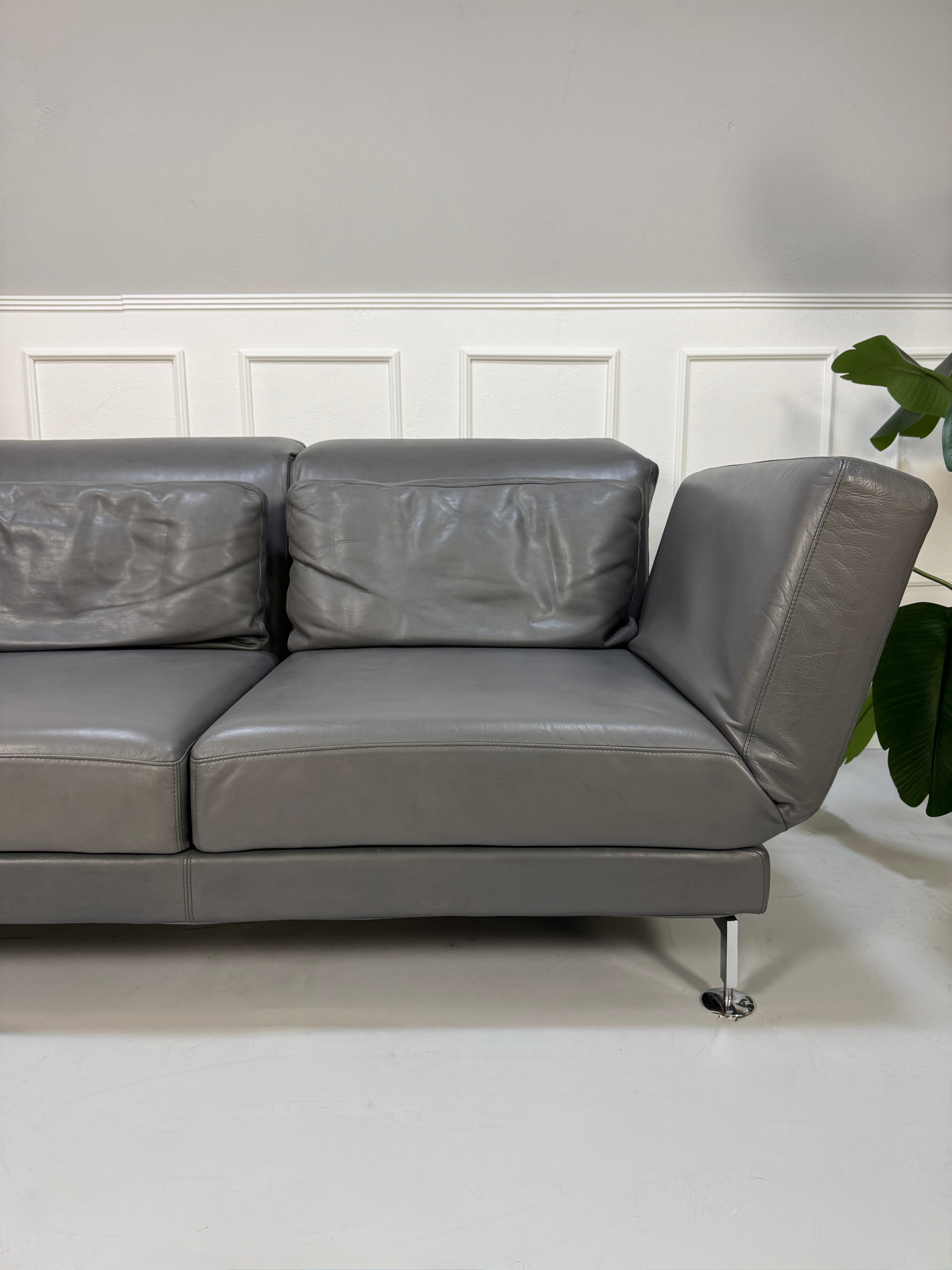 Refurbished graues Brühl Moule Designer Leder Sofa vor einer Wand, stilvoll und modern eingerichtet.
