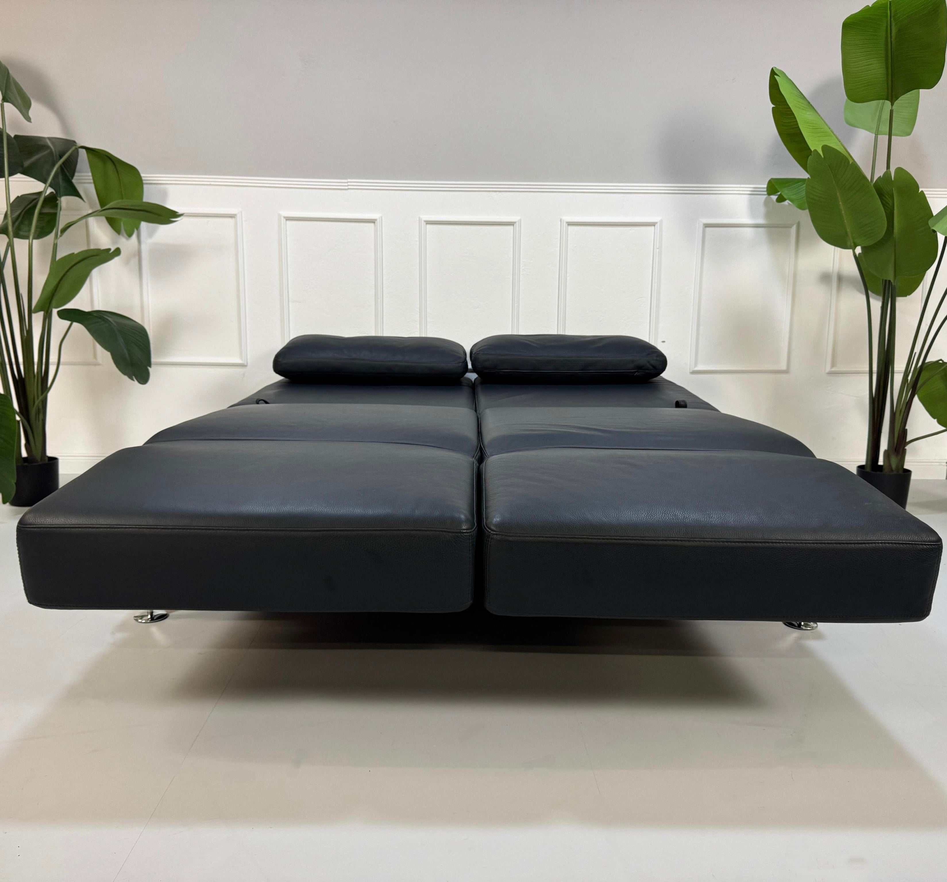 Gebrauchtes blaues Brühl Moule Designer Leder Sofa vor einer Wand, stilvoll und modern eingerichtet.