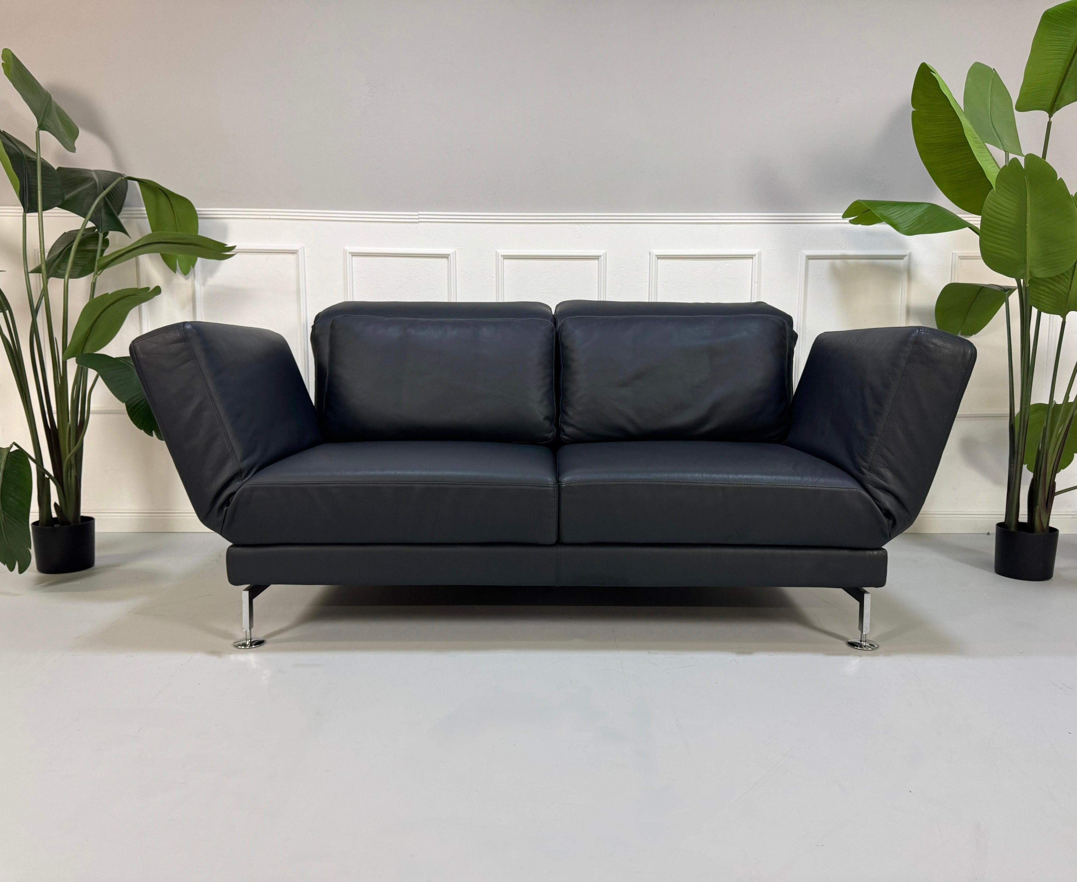 Gebrauchtes blaues Brühl Moule Designer Leder Sofa vor einer Wand, stilvoll und modern eingerichtet.