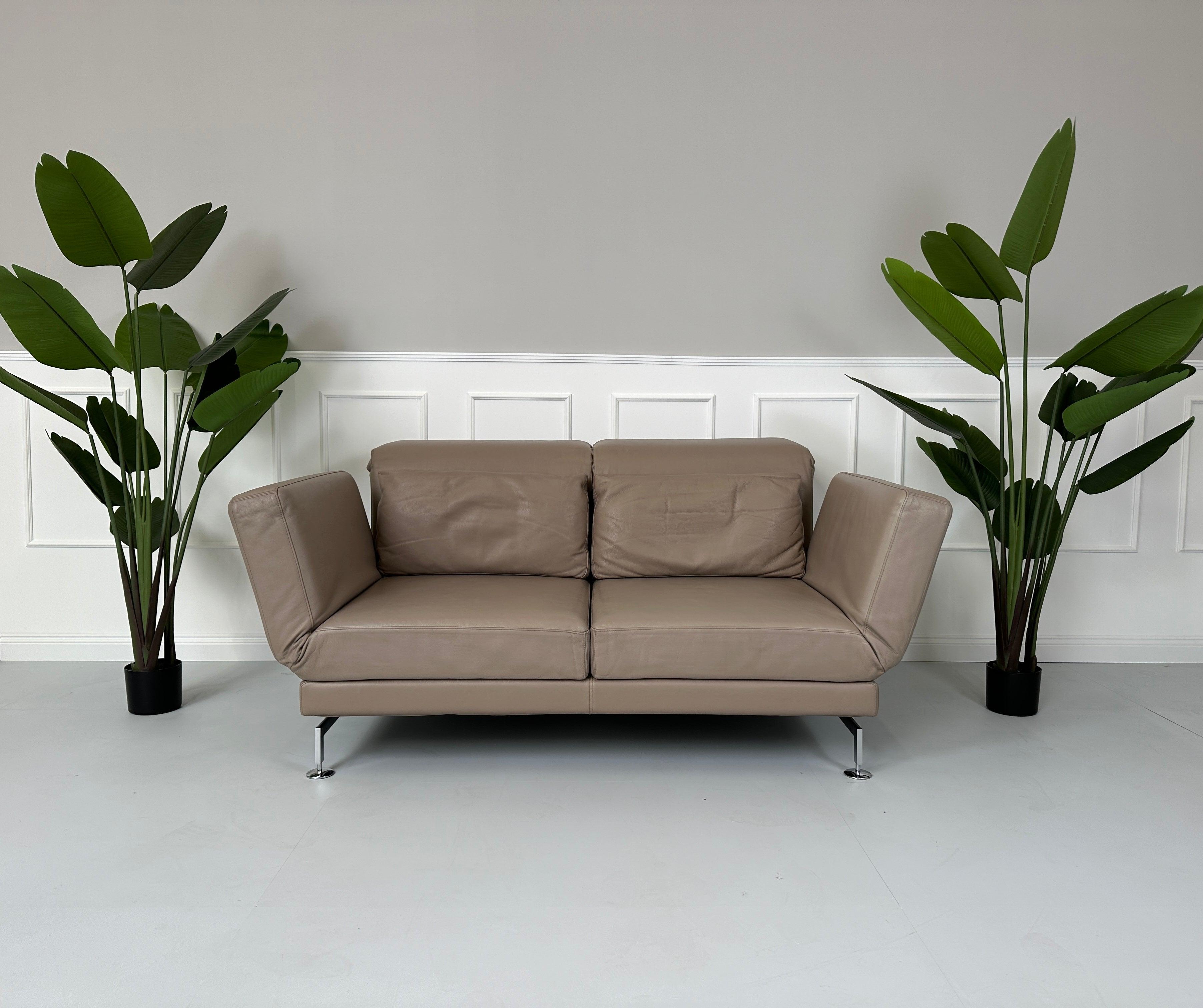 Gebrauchtes Brühl Moule 2-Sitzer Leder Sofa in der Farbe Schlamm vor einer Wand, stilvoll und modern eingerichtet.