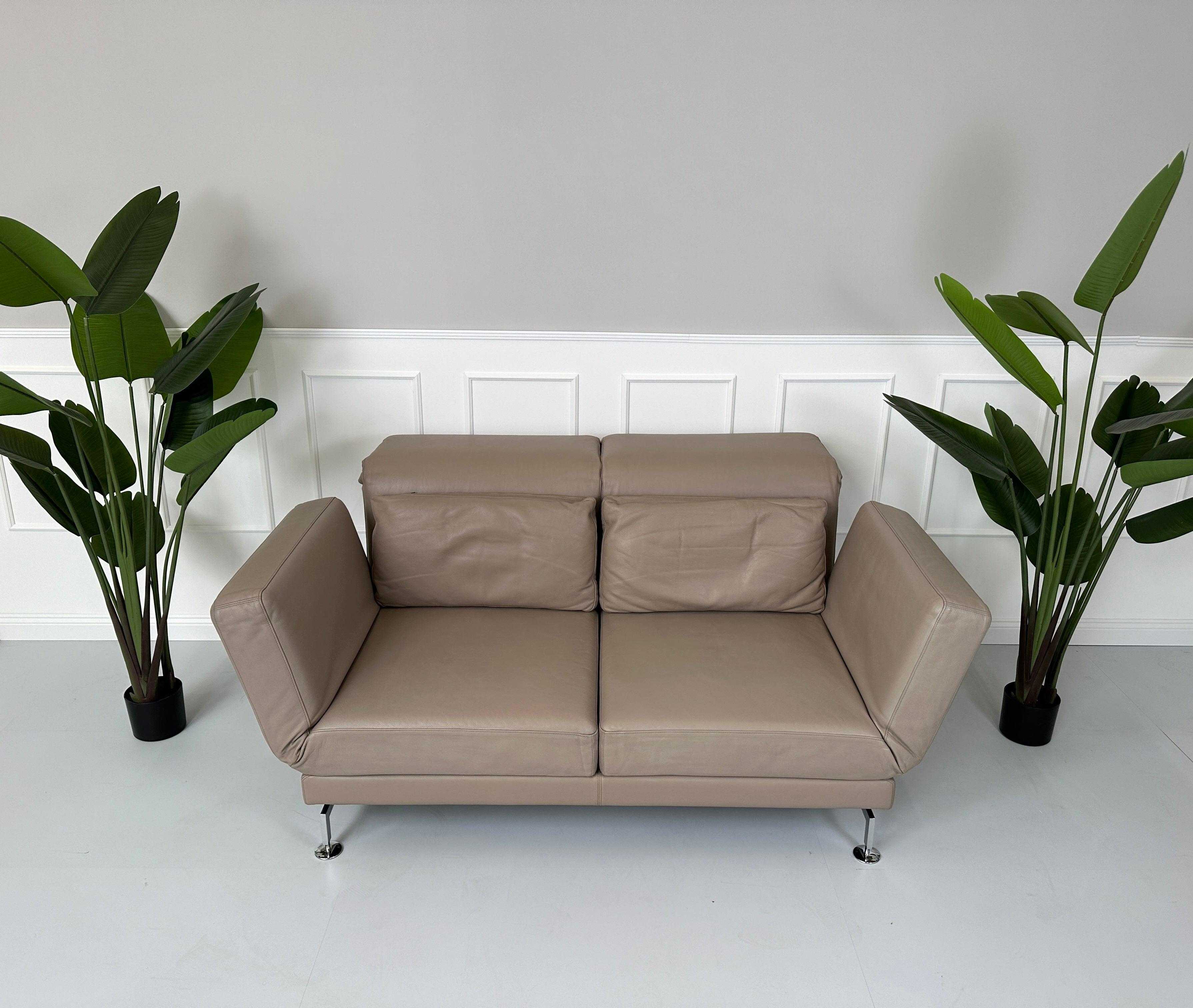 Gebrauchtes Brühl Moule 2-Sitzer Leder Sofa in der Farbe Schlamm vor einer Wand, stilvoll und modern eingerichtet.