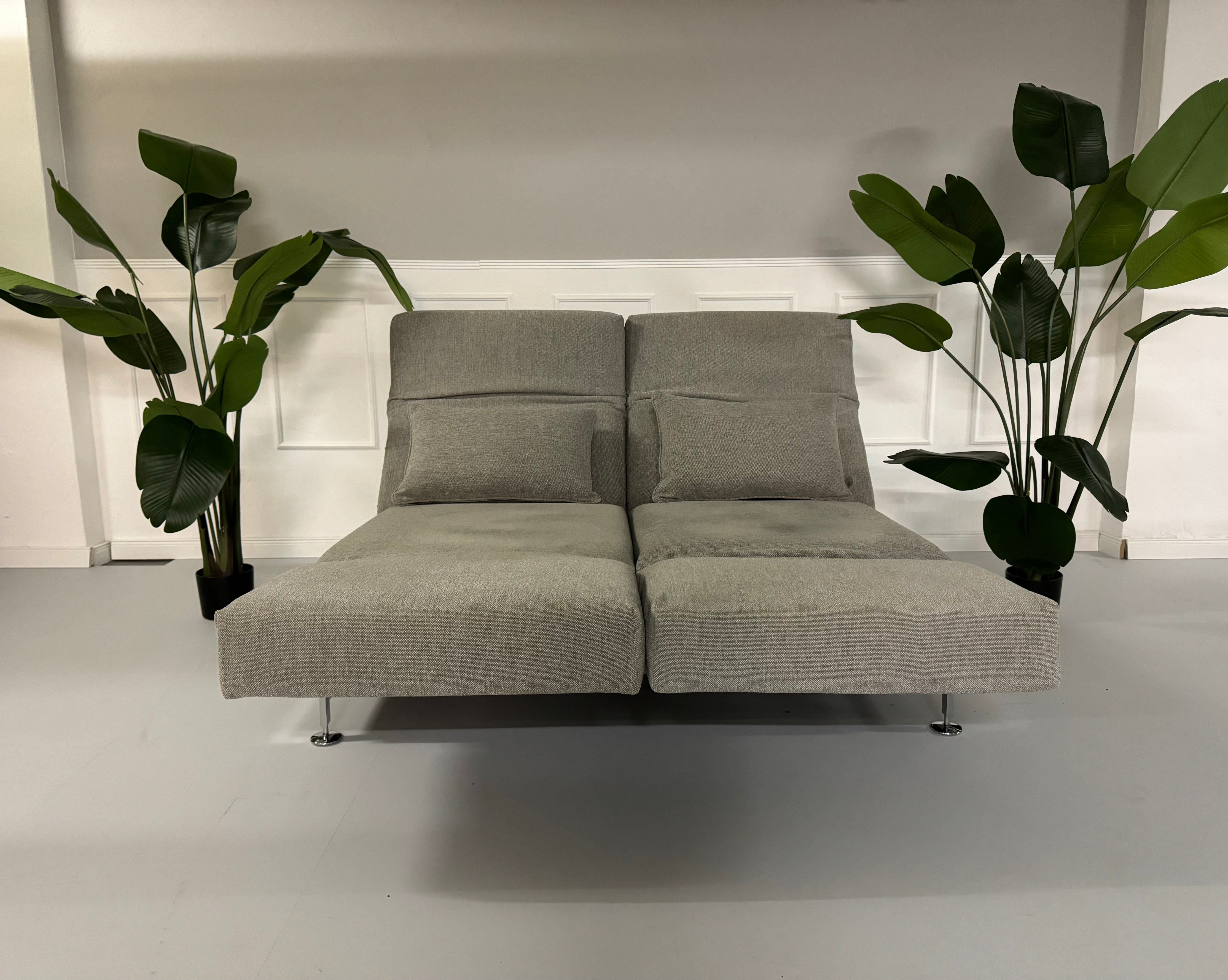 Gebrauchtes Brühl Moule 2-Sitzer Stoff Sofa in der Farbe Grau vor einer Wand, stilvoll und modern eingerichtet.