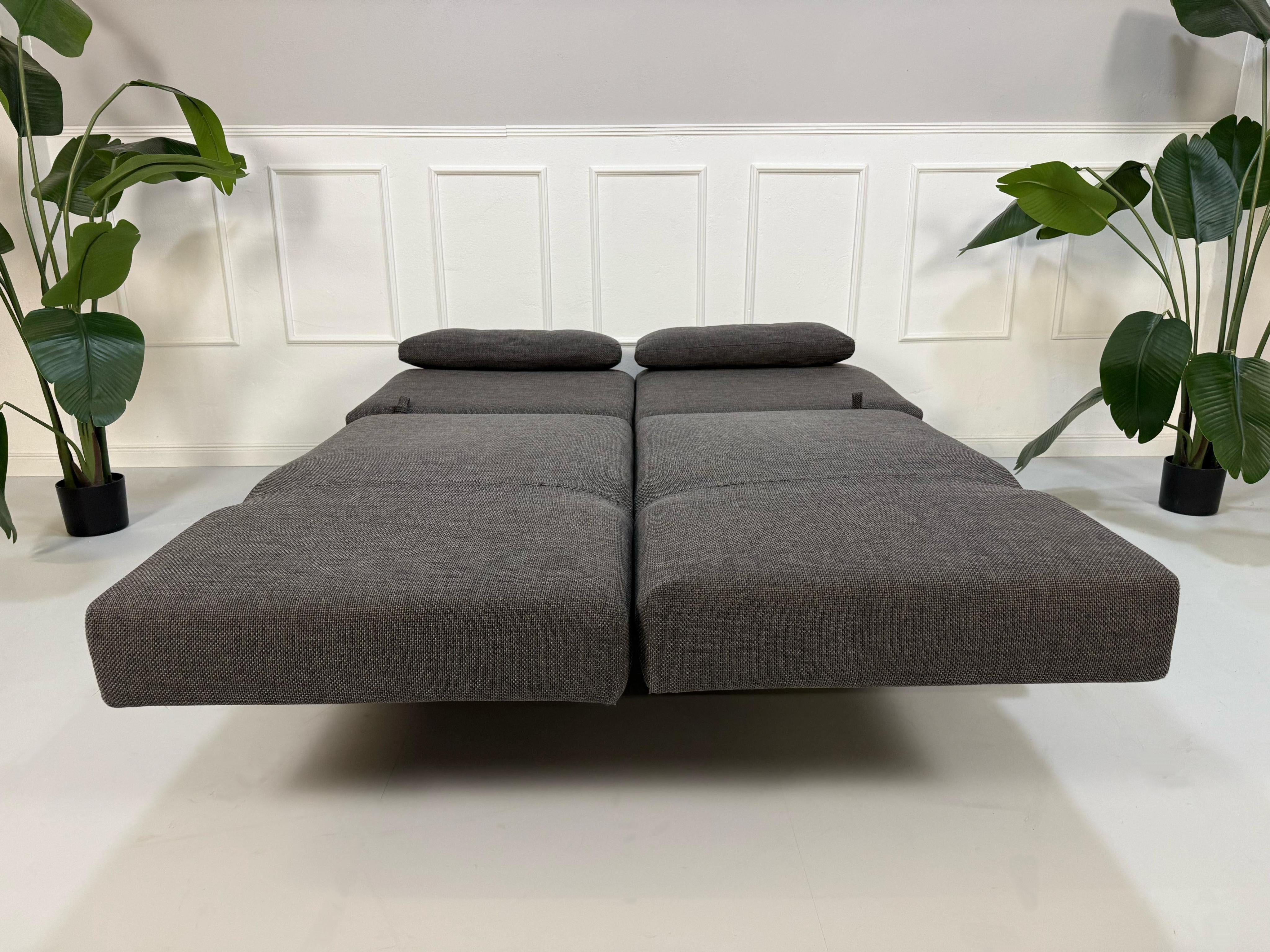 Gebrauchtes graues Brühl Moule Designer Stoff Sofa vor einer Wand, stilvoll und modern eingerichtet.