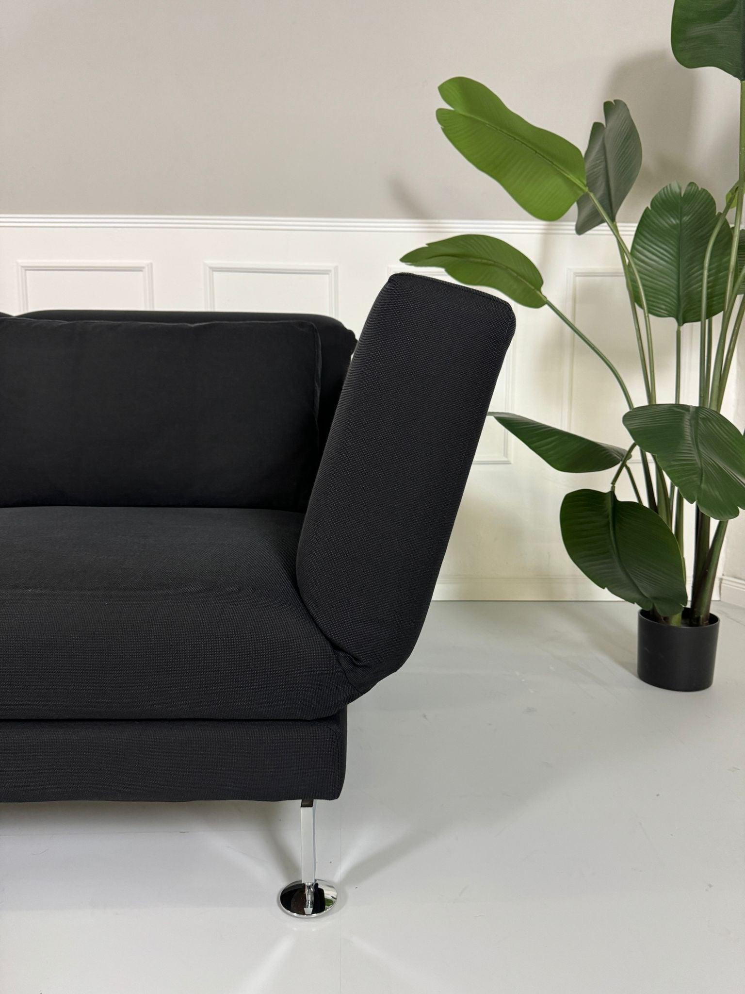 Gebrauchtes Brühl Moule 2-Sitzer Stoff Sofa in der Farbe Schwarz vor einer Wand, stilvoll und modern eingerichtet.