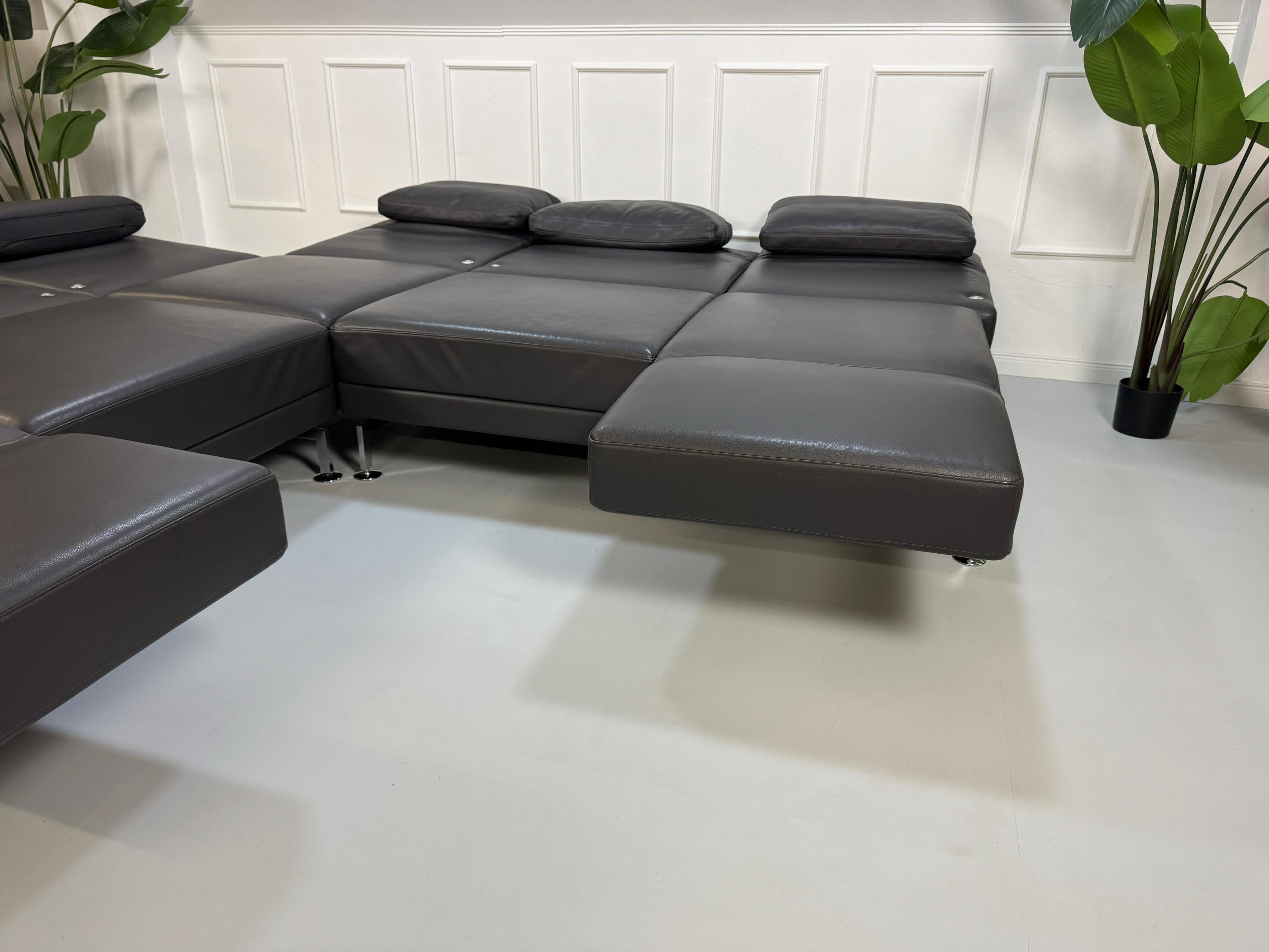 Gebrauchtes graues Brühl Moule Designer Leder Sofa vor einer Wand, stilvoll und modern eingerichtet.