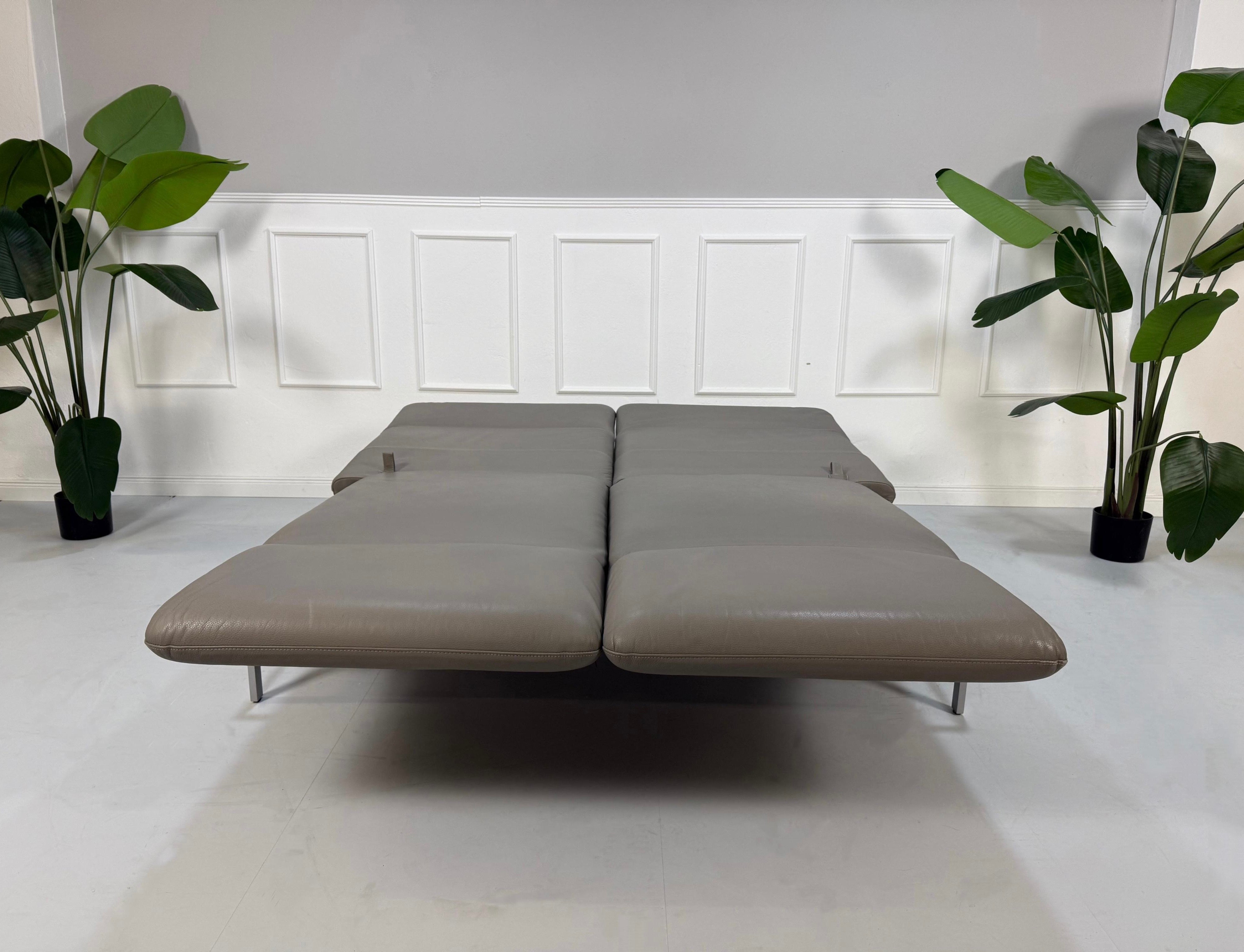 Gebrauchtes graues Brühl Roro Designer Leder Sofa vor einer Wand, stilvoll und modern eingerichtet.