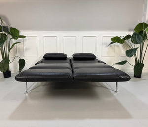 Ausstellungsstück schwarzes Brühl Roro Designer Leder Sofa vor einer Wand, stilvoll und modern eingerichtet.