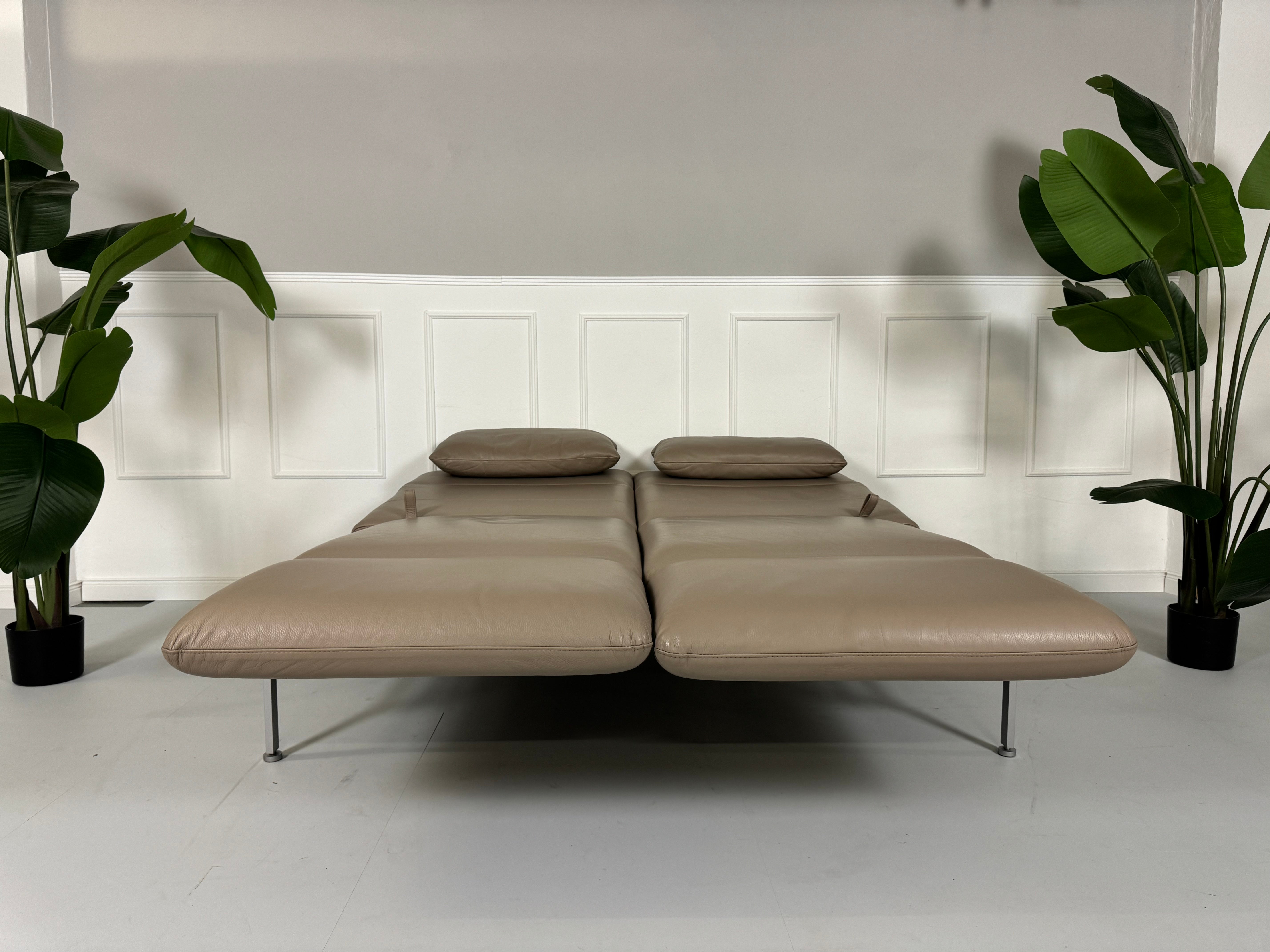 Gebrauchtes Brühl Roro Leder Sofa in der Farbe Schlamm vor einer Wand, stilvoll und modern eingerichtet.