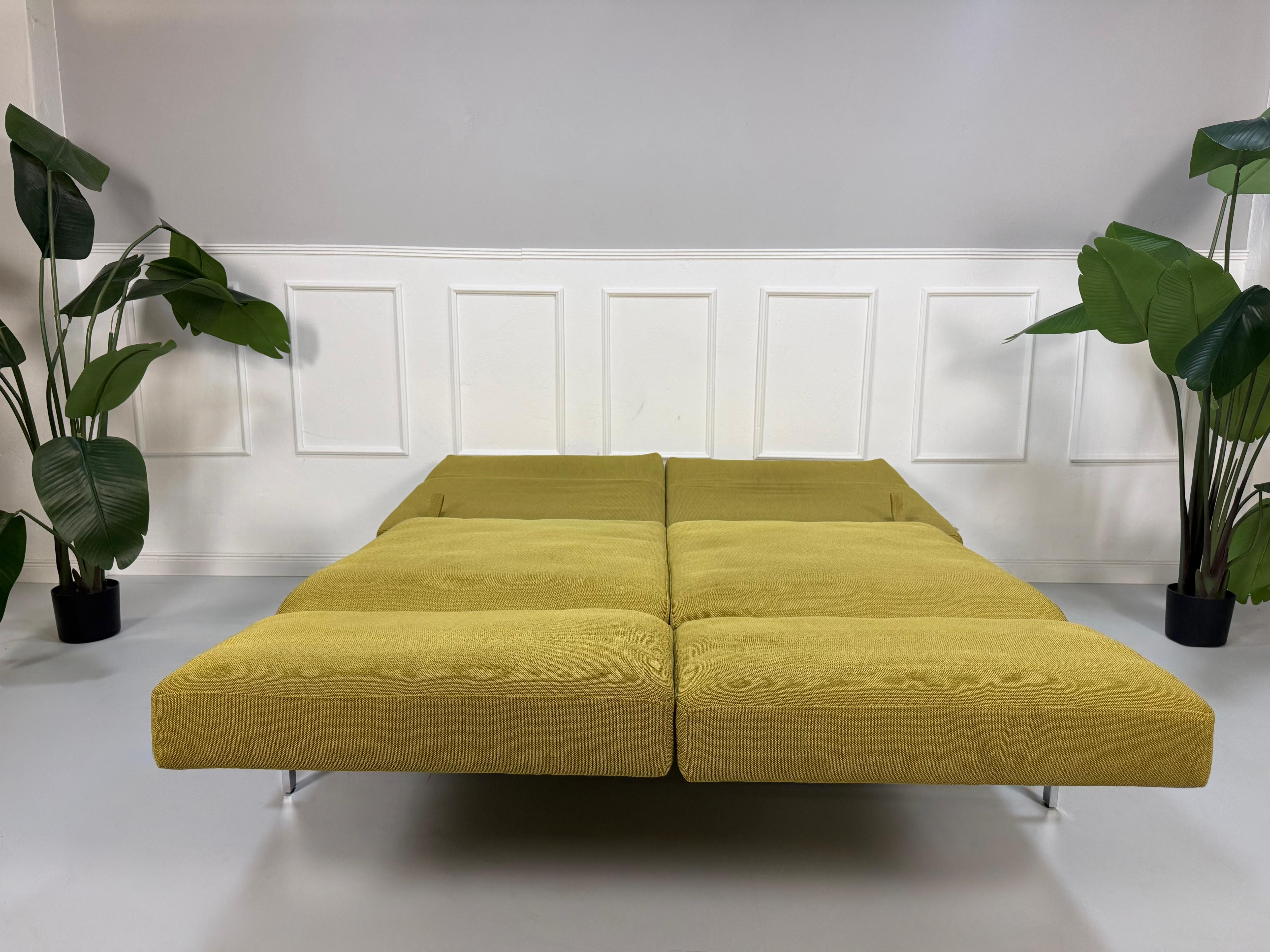 Gebrauchtes grünes Brühl Roro Soft Designer Stoff Sofa vor einer Wand, stilvoll und modern eingerichtet.